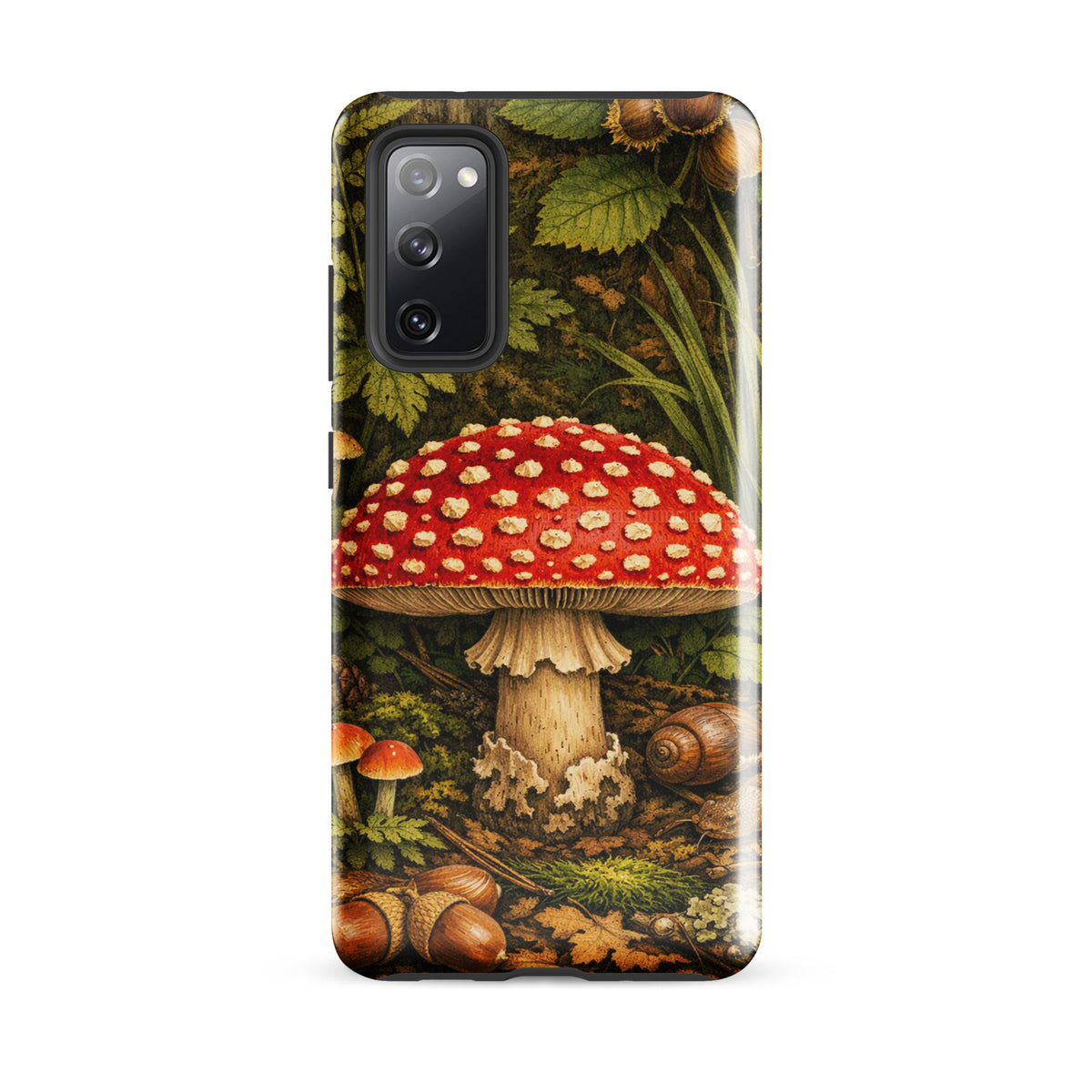 Phone Case for Samsung Galaxy with Amanita muscaria mushroom design, featuring a red cap with white spots surrounded by a forest setting.