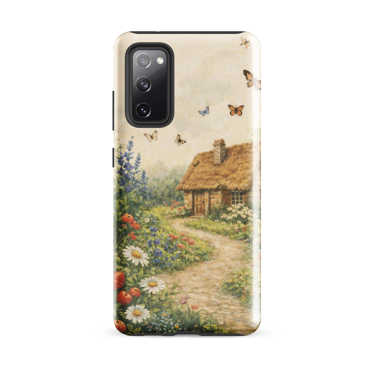 Phone Case for Samsung Galaxy with cottage garden art, featuring a thatched-roof cottage, daisy and poppy garden on cream background.