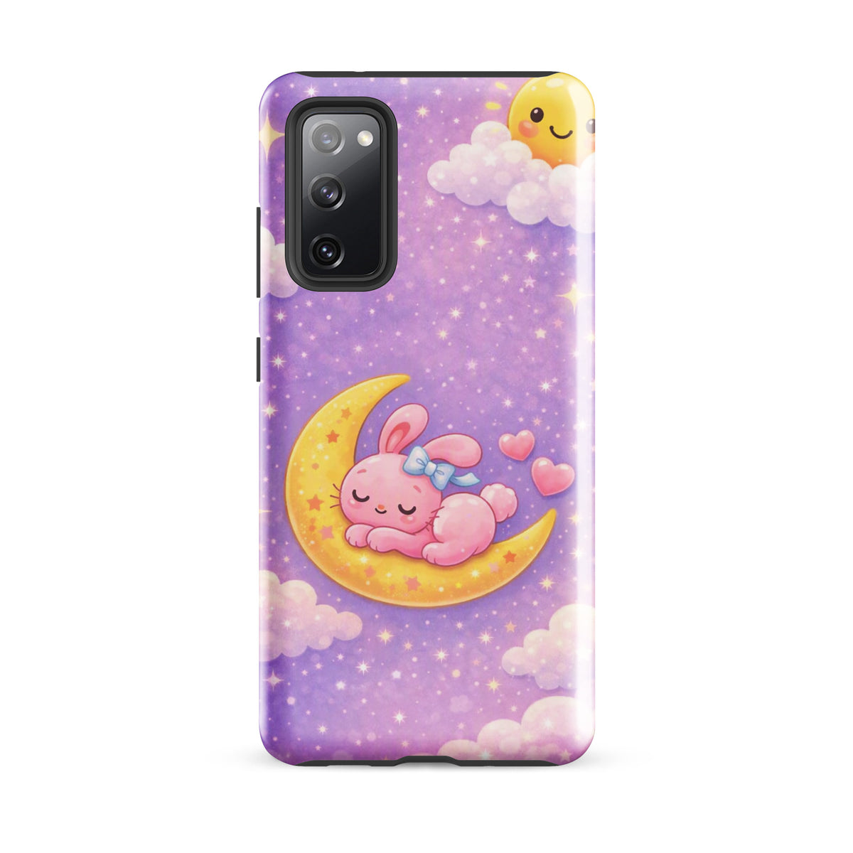 Phone Case for Samsung Galaxy - Cute, Cozy, Dreamy Bunny Moon Design with pastel starry sky and pink bunny on crescent moon.
