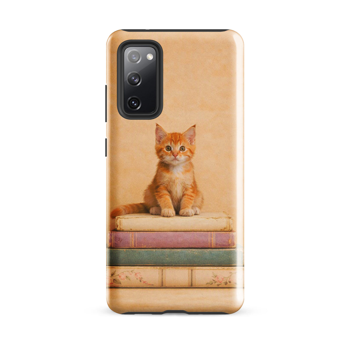 Phone Case for Samsung Galaxy featuring orange tabby kitten on vintage pastel books, cozy design.