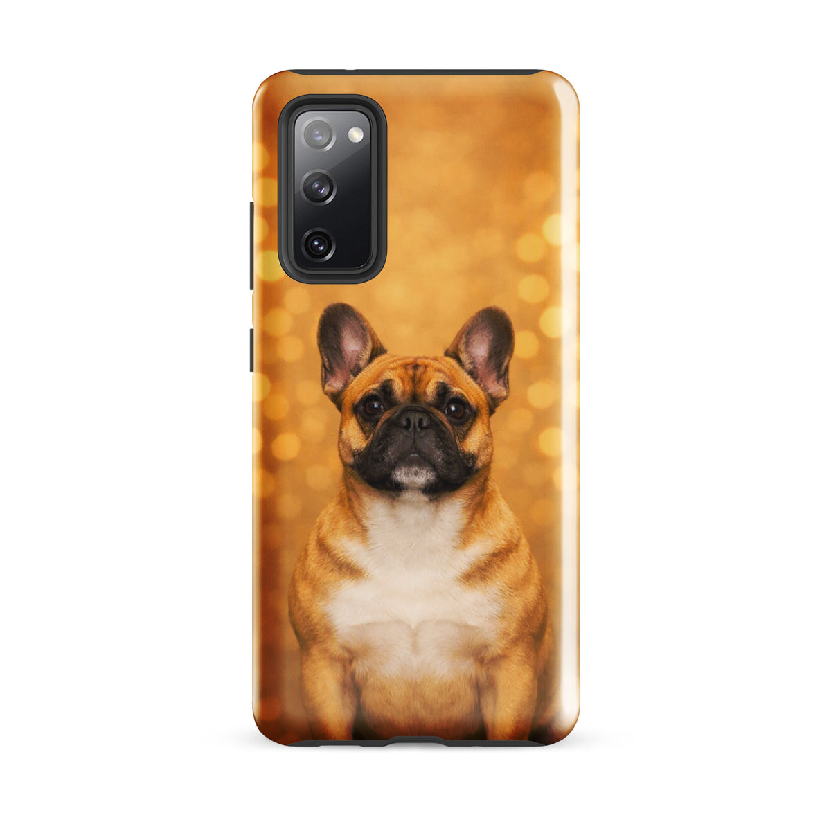 Phone Case for Samsung Galaxy with French Bulldog portrait on golden bokeh background, adding charm and playfulness to your device.