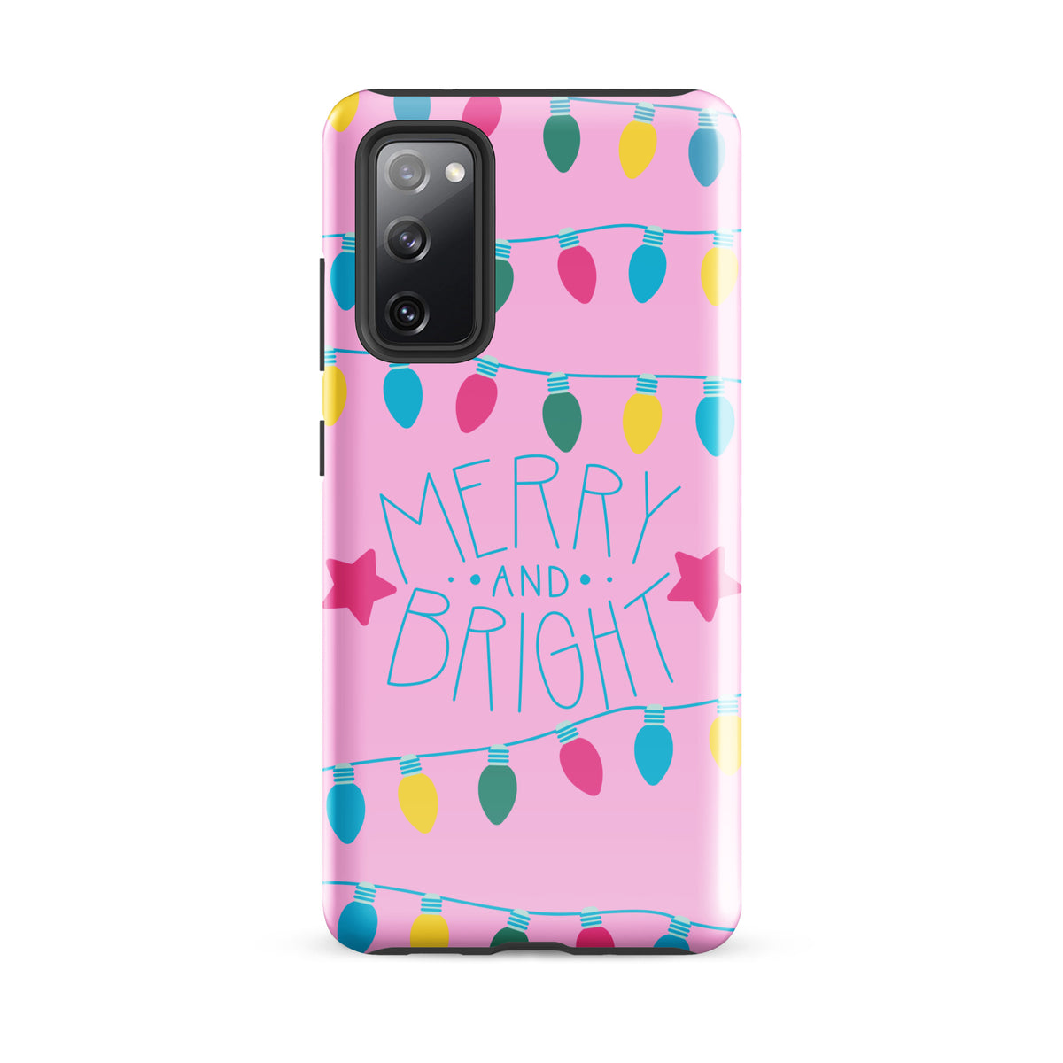 Phone Case for Samsung Galaxy with holiday lights and "Merry and Bright" design on pink background, featuring colorful festive bulbs.