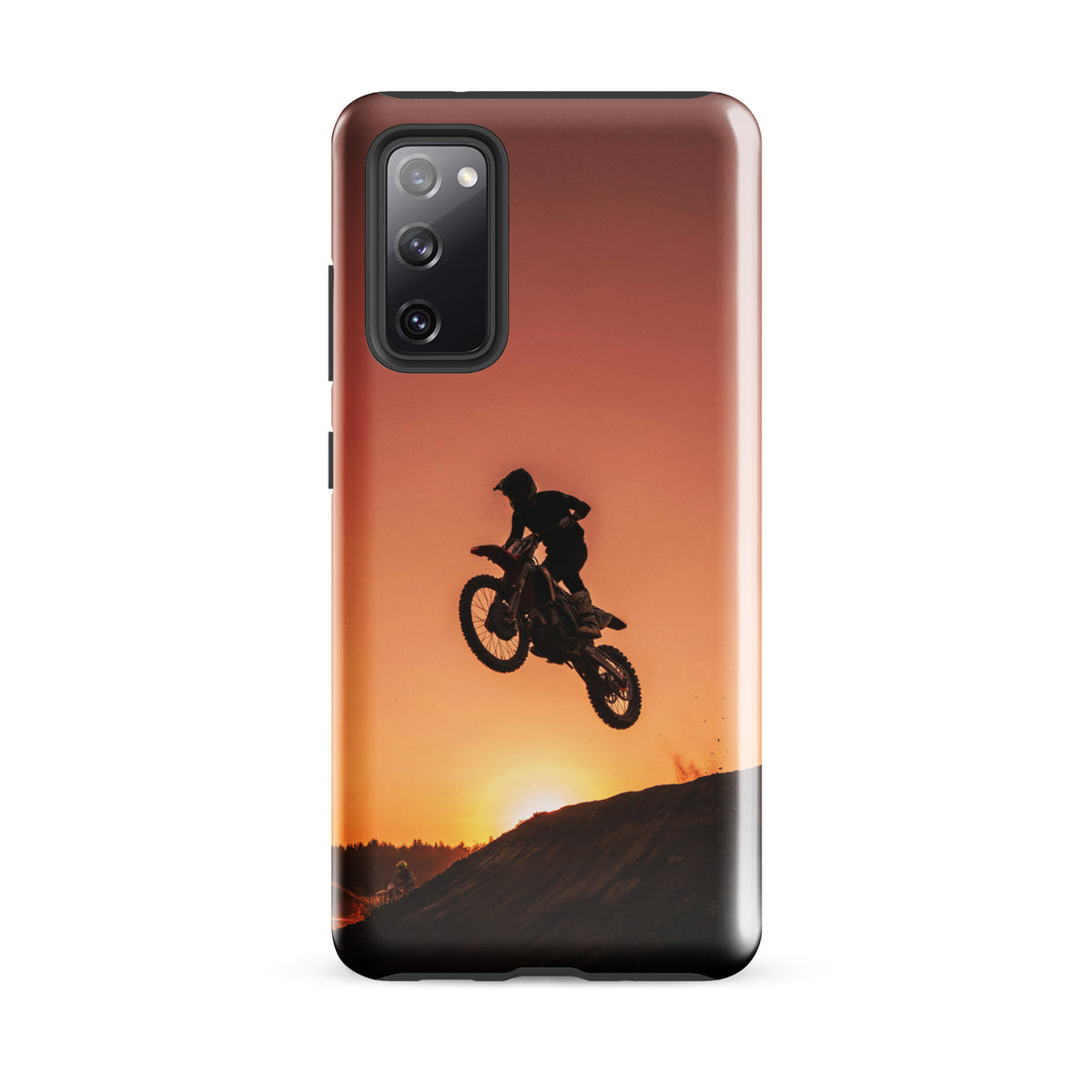 Phone Case for Samsung Galaxy with motocross sunset dirt bike design in copper and orange hues.
