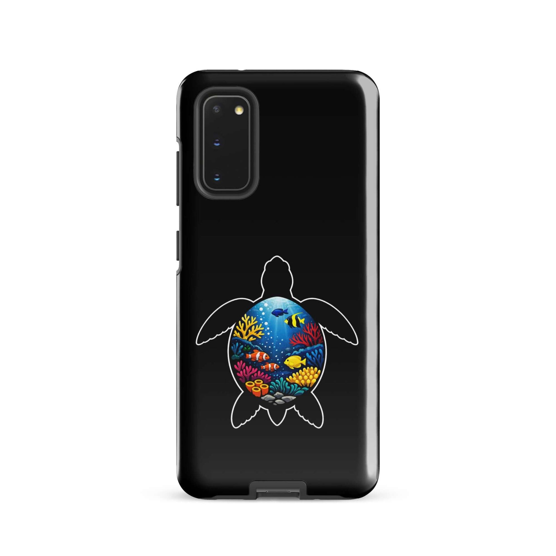 Phone case for Samsung Galaxy featuring a vibrant sea turtle reef design with colorful coral illustrations.