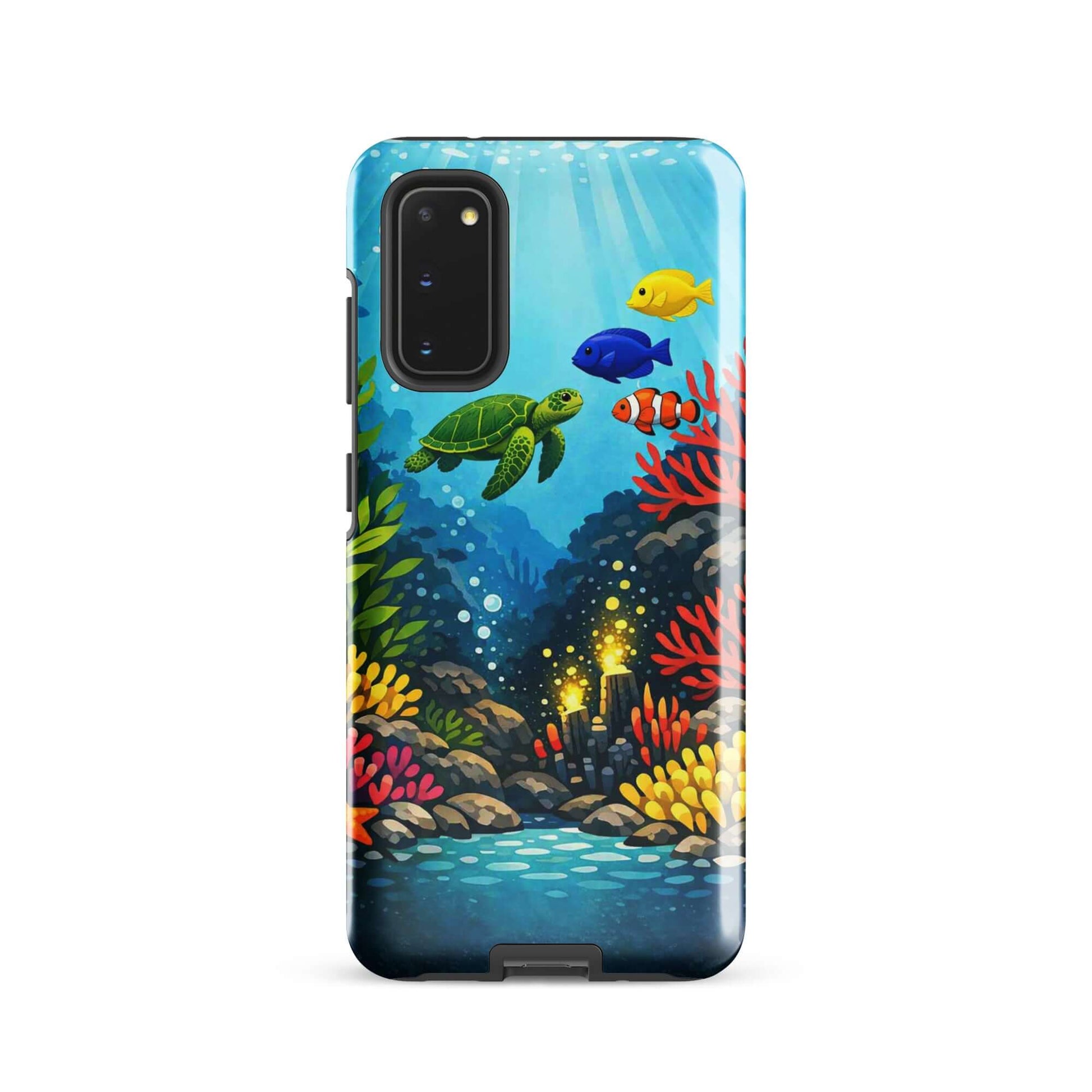 Phone case featuring vibrant sea turtle and coral reef design with colorful tropical fish.