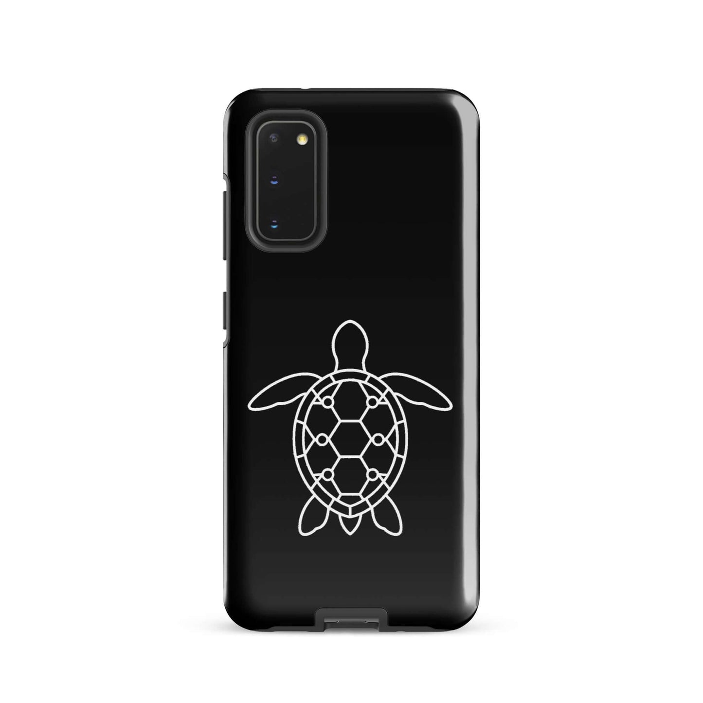 Phone case for Samsung Galaxy featuring a minimalist sea turtle silhouette on a sleek black background.