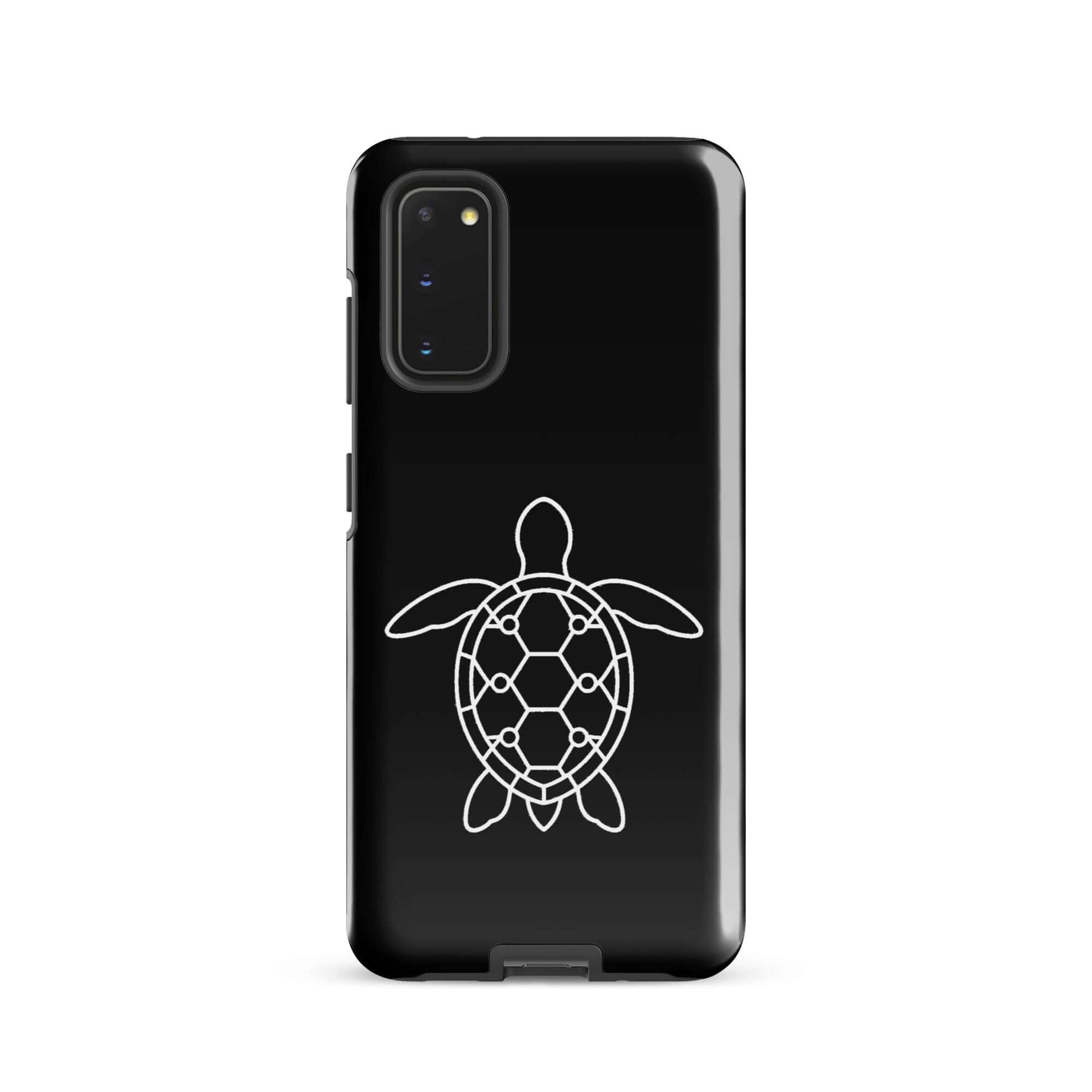 Phone case for Samsung Galaxy featuring a minimalist sea turtle silhouette on a sleek black background.