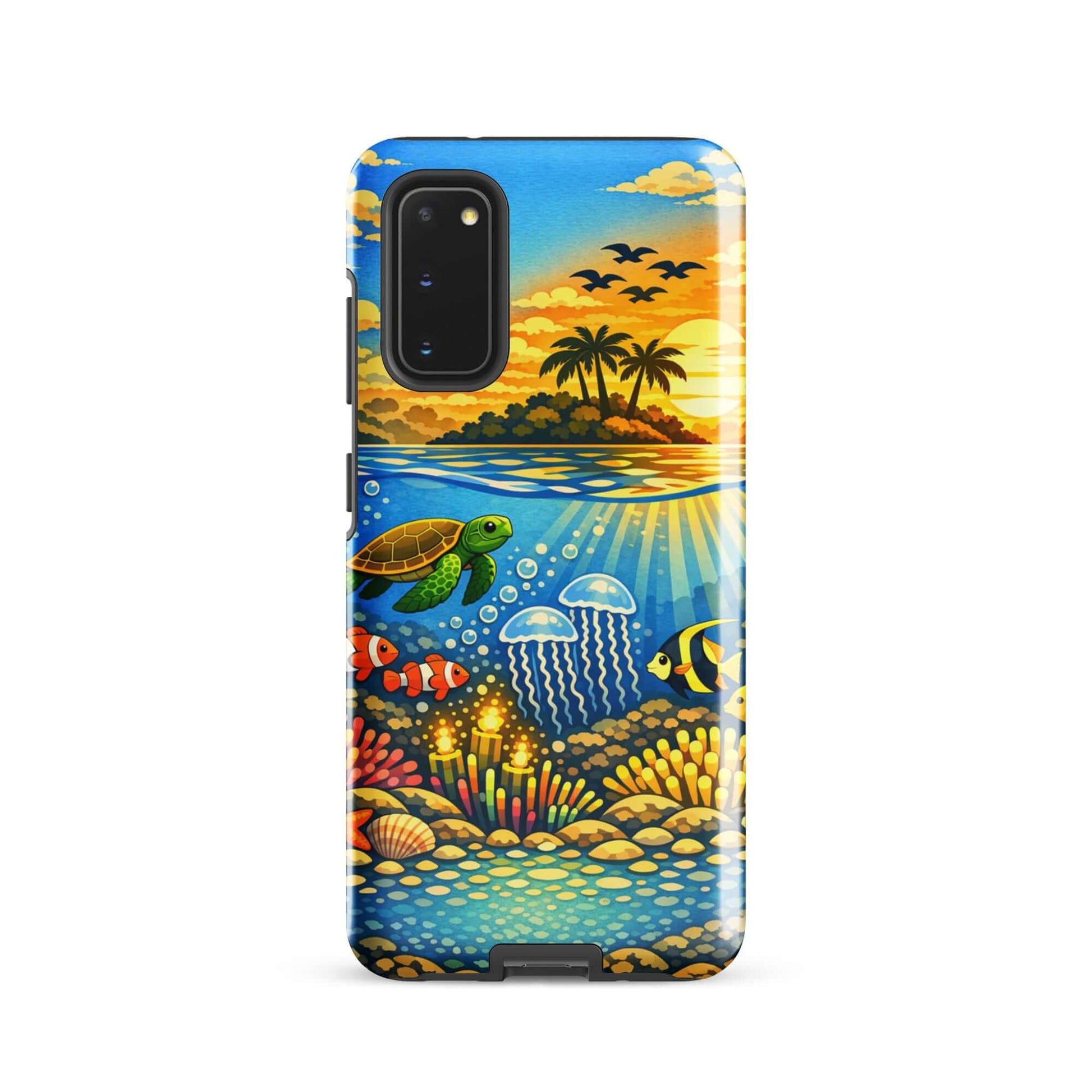 Phone Case for Samsung Galaxy featuring tropical sunset and underwater reef illustration with vibrant sea life.
