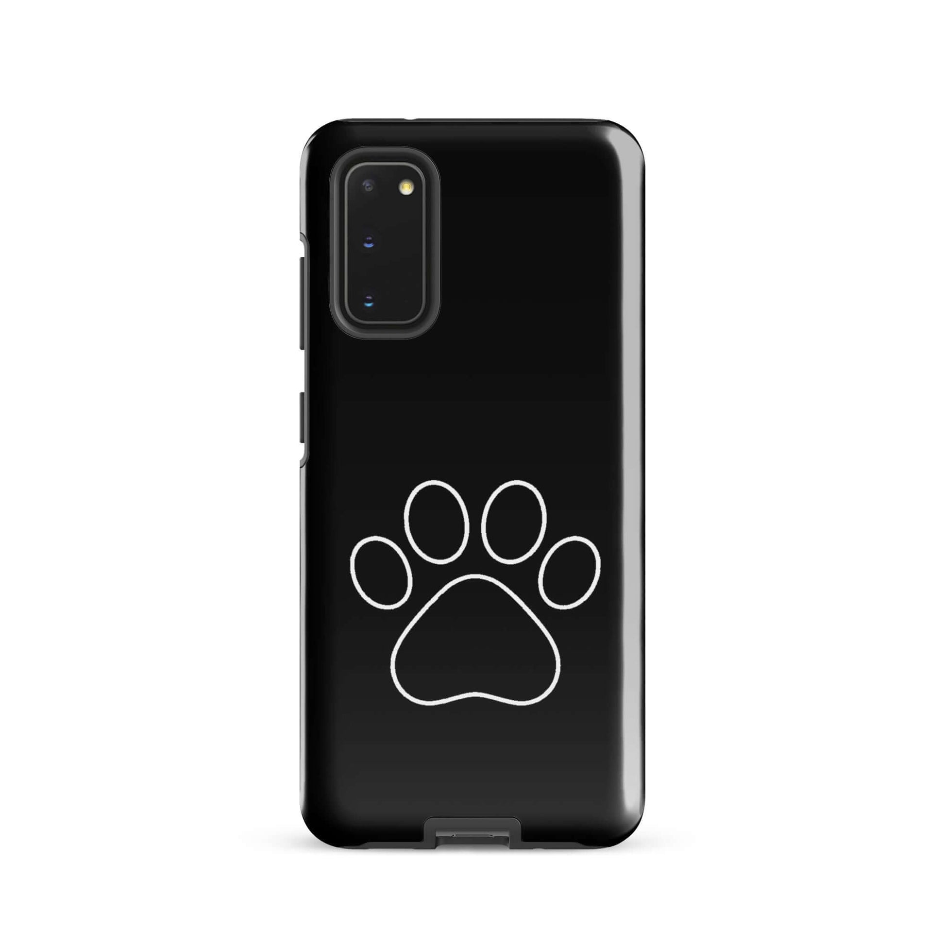 Phone Case for Samsung Galaxy featuring a minimalist paw print design for pet lovers on a sleek black background.