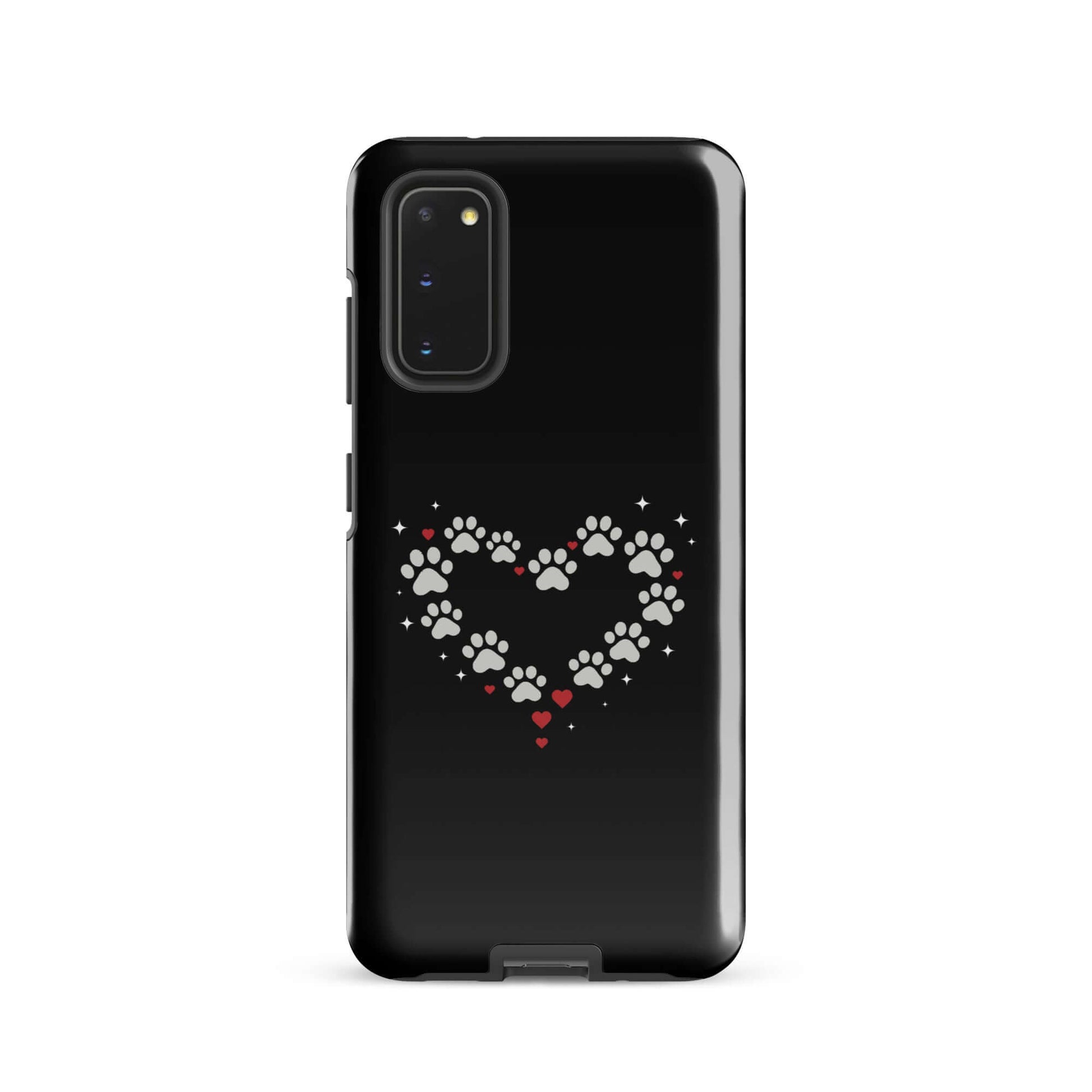 Phone Case for Samsung Galaxy with paw-print heart design on black background.