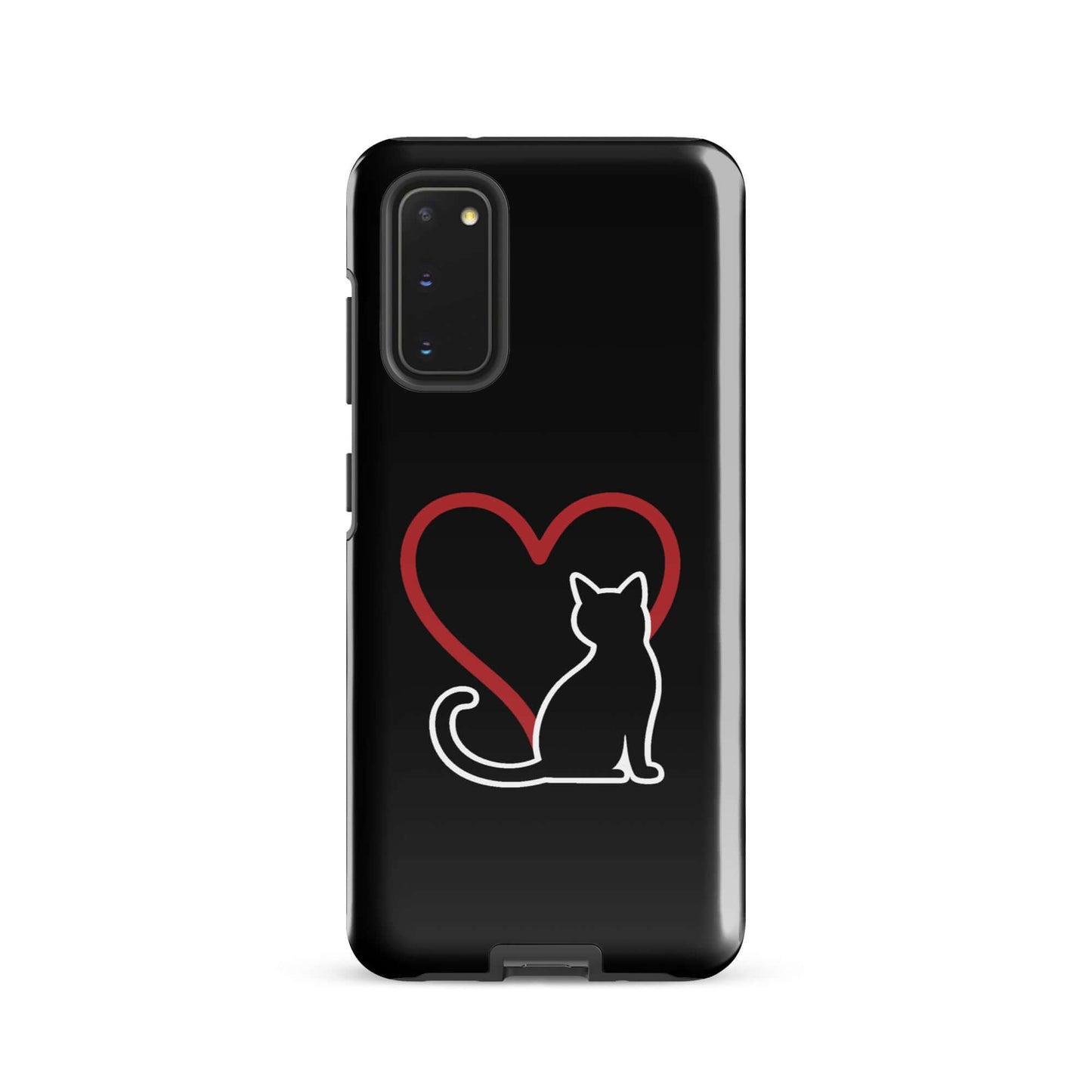 Phone Case for Samsung Galaxy featuring a black cat silhouette and red heart on a black background.