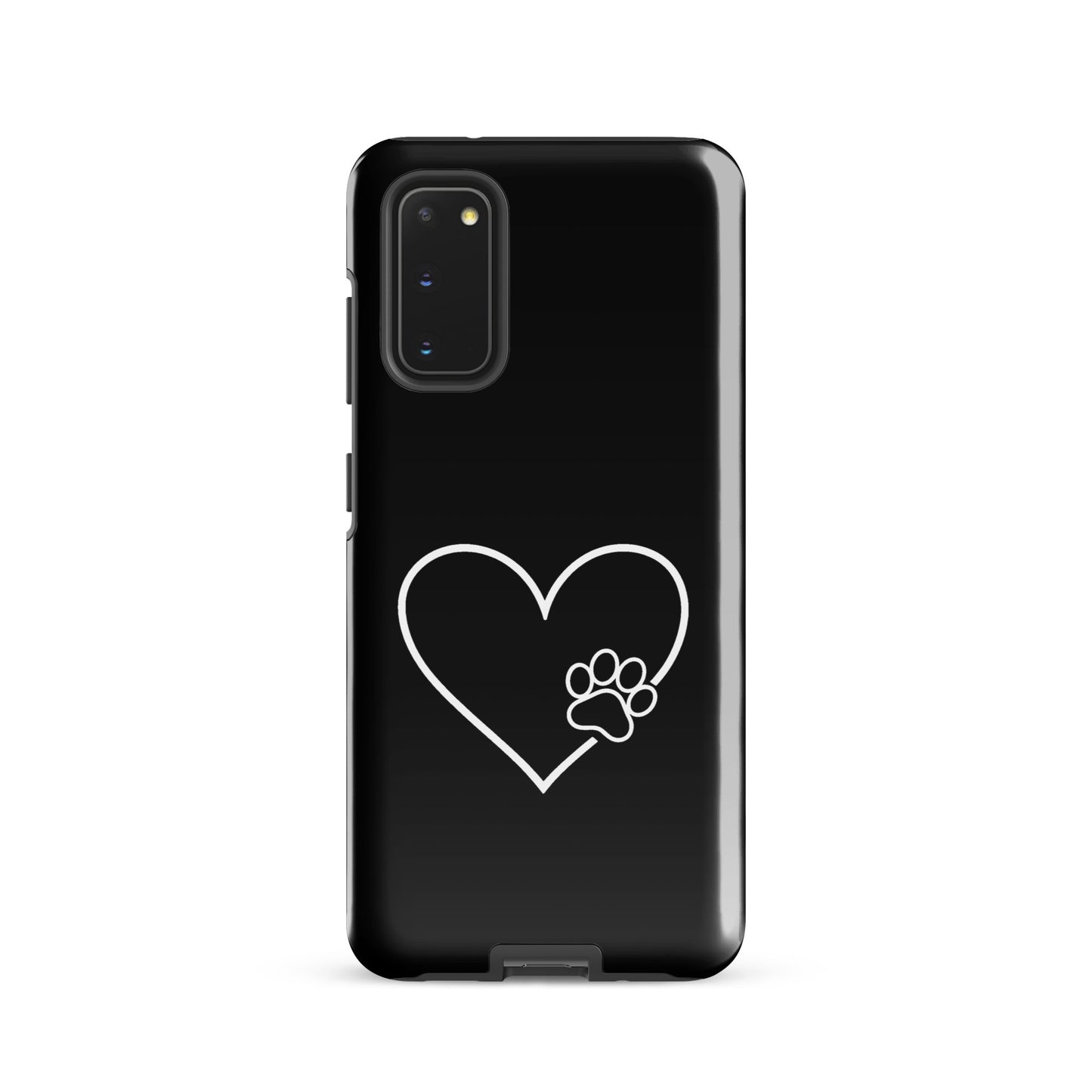 Black Phone Case for Samsung Galaxy with white heart and paw print design, symbolizing love and loyalty for pet lovers.