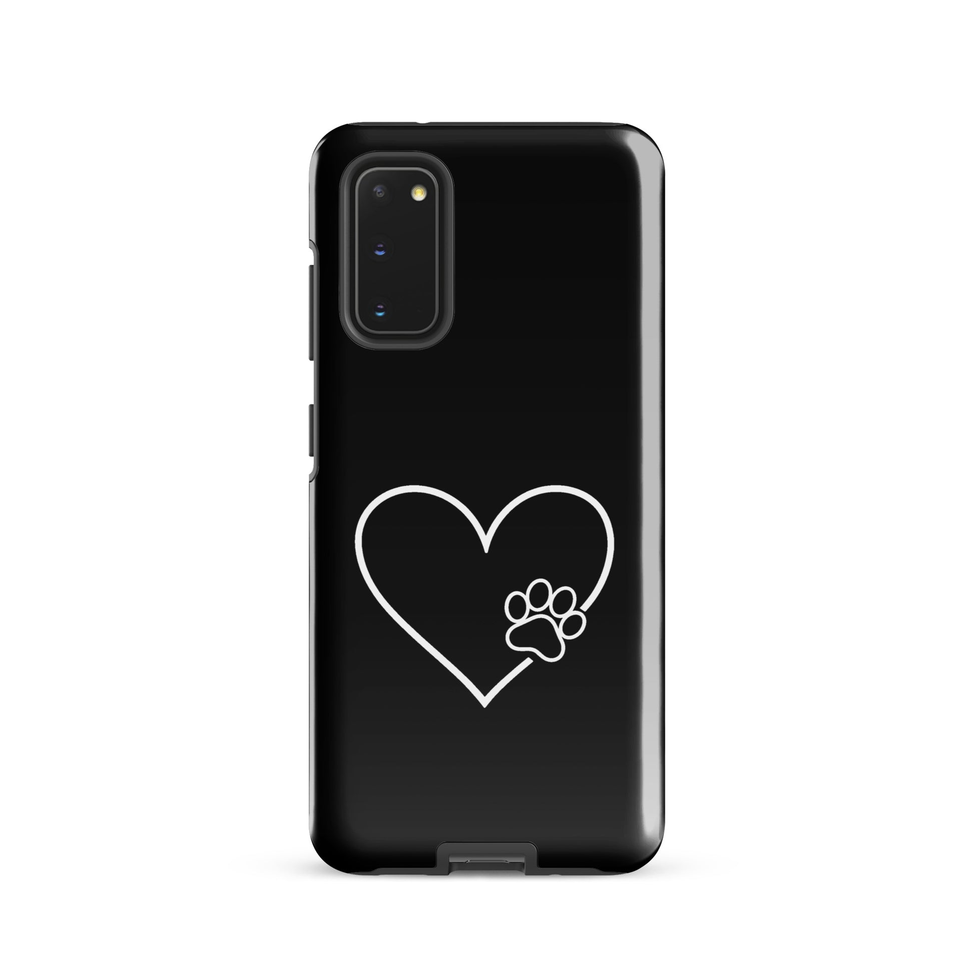 Black Phone Case for Samsung Galaxy with white heart and paw print design, symbolizing love and loyalty for pet lovers.