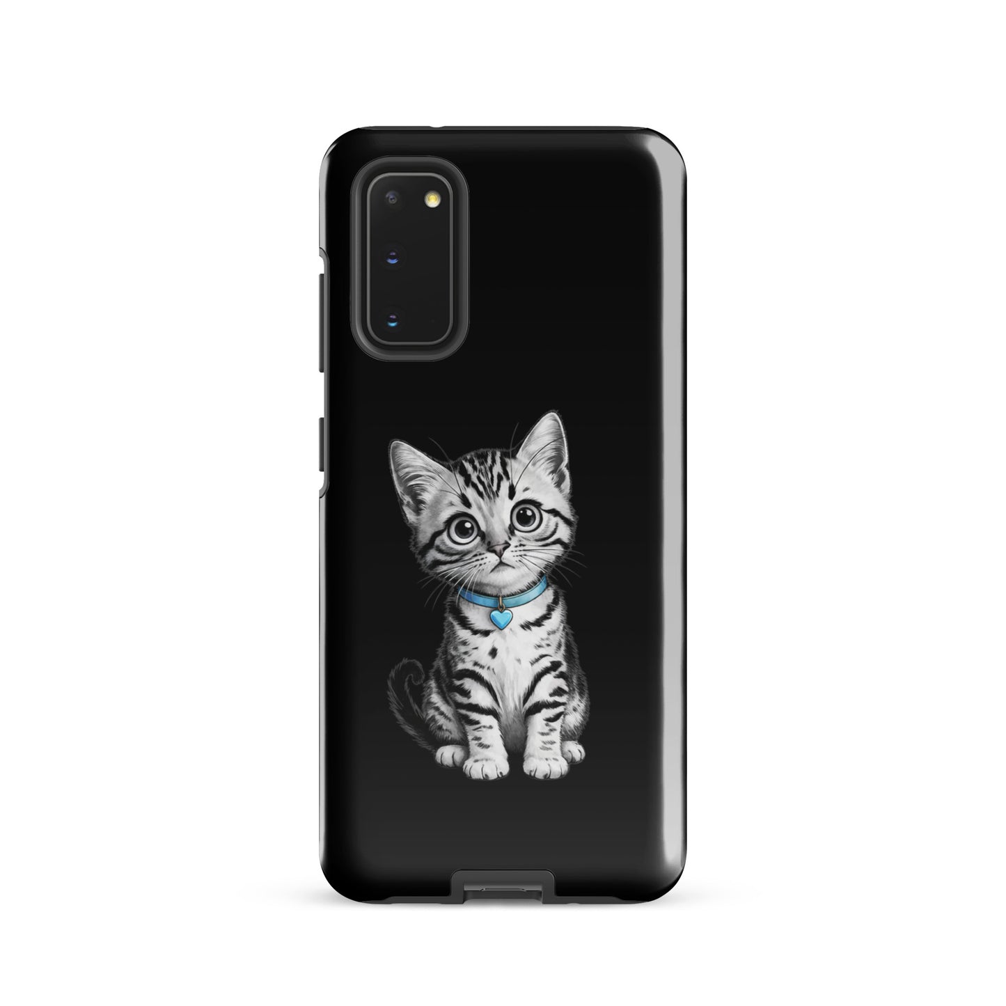 Phone Case for Samsung Galaxy with black-and-white kitten and blue heart charm design.