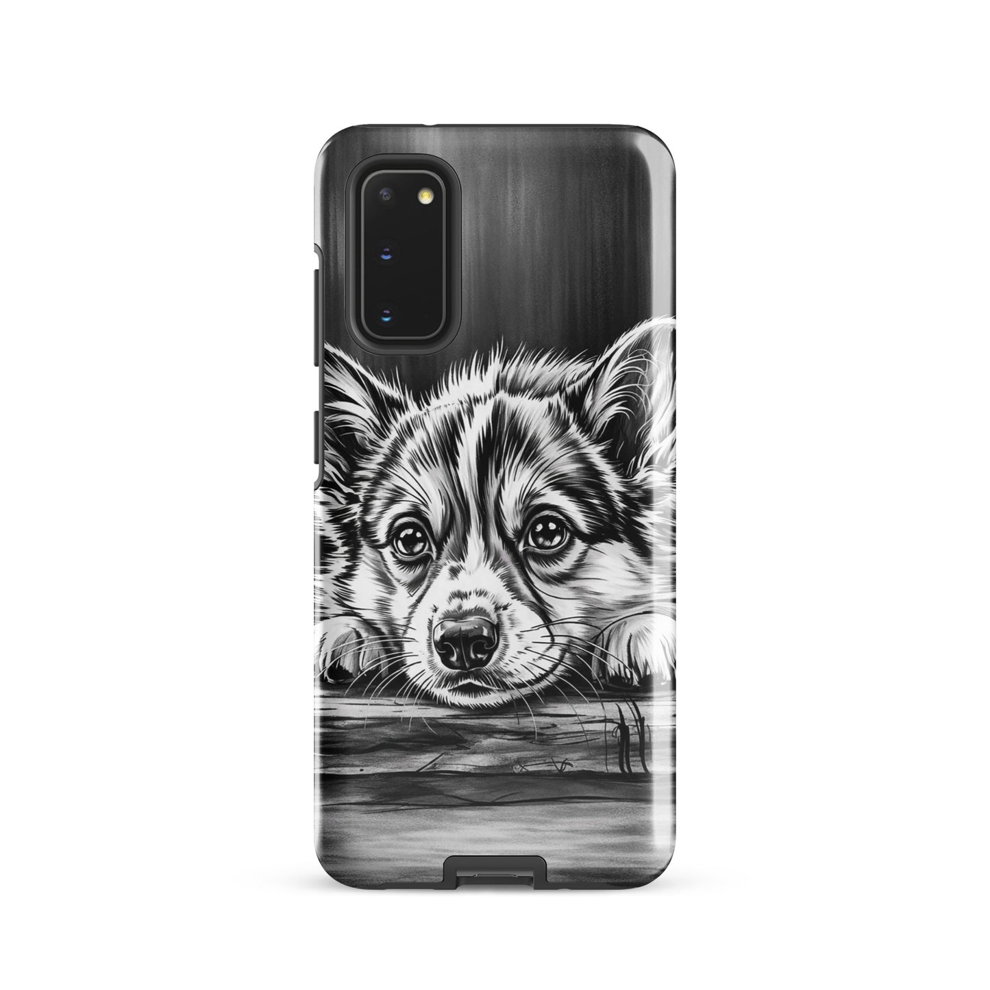 Phone Case for Samsung Galaxy with elegant puppy art, featuring a black-and-white illustration of a puppy on aged wood, offering premium protection.