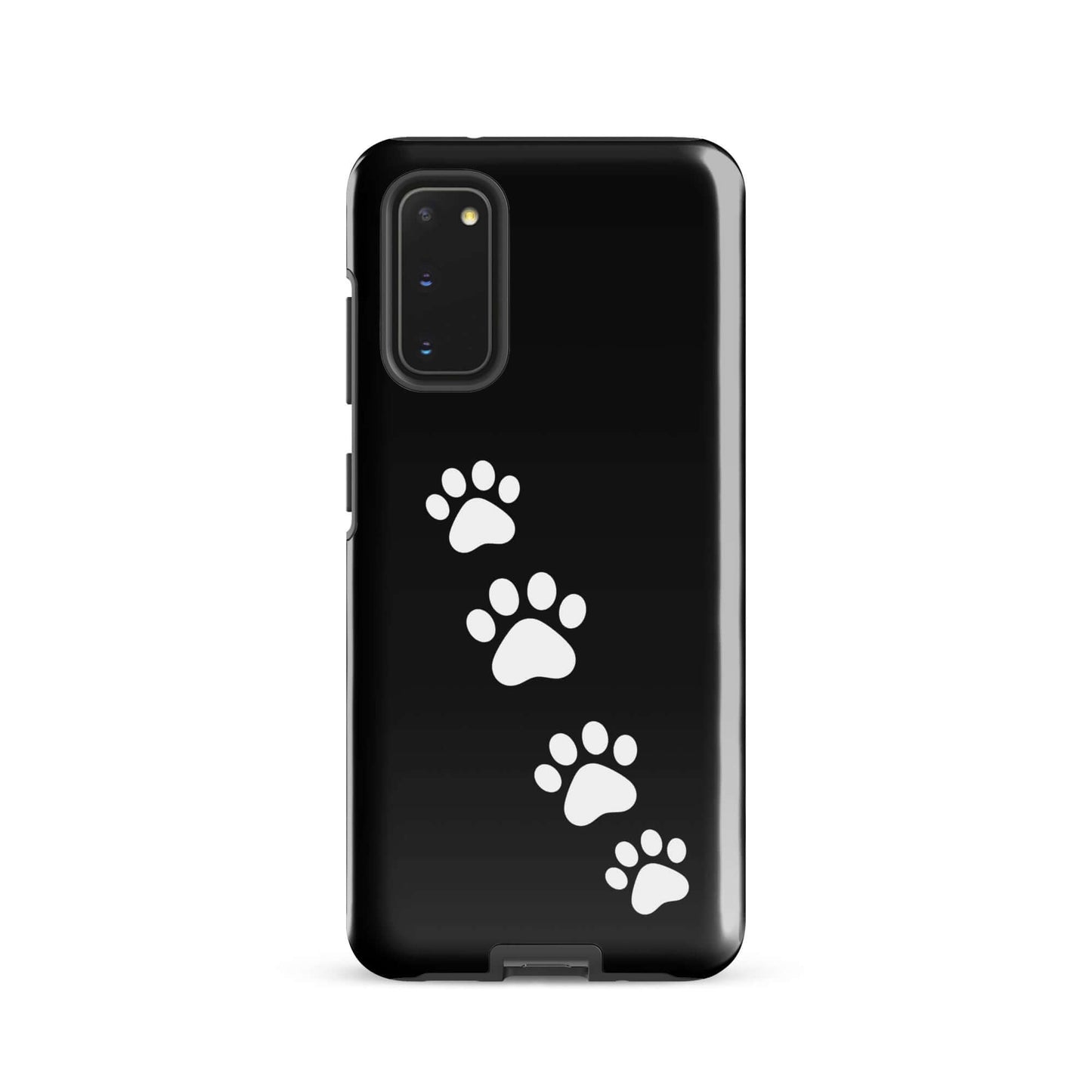 Phone case with white paw prints for Samsung Galaxy, sleek black design perfect for pet lovers, Paw-Print Trail pattern.
