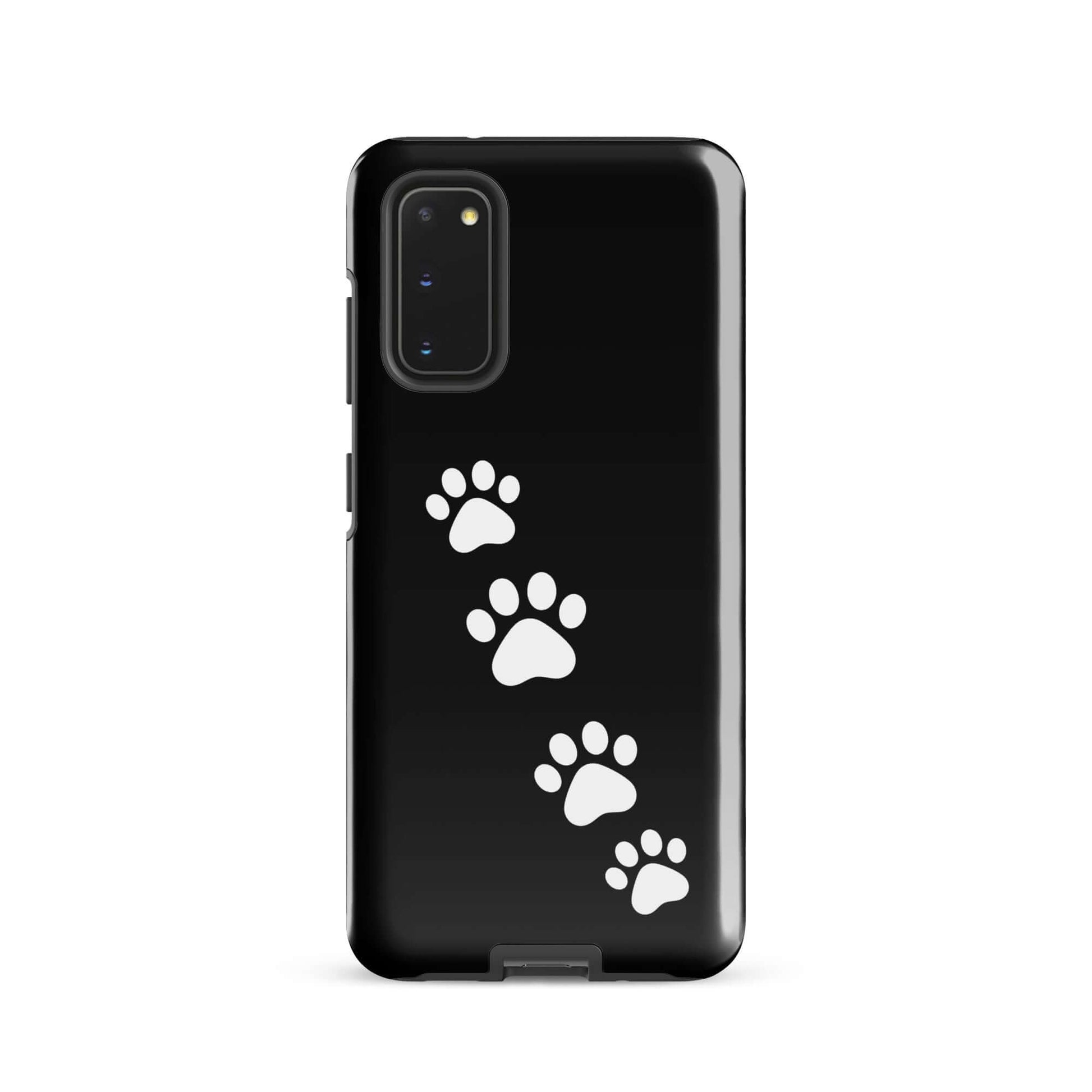 Phone case with white paw prints for Samsung Galaxy, sleek black design perfect for pet lovers, Paw-Print Trail pattern.
