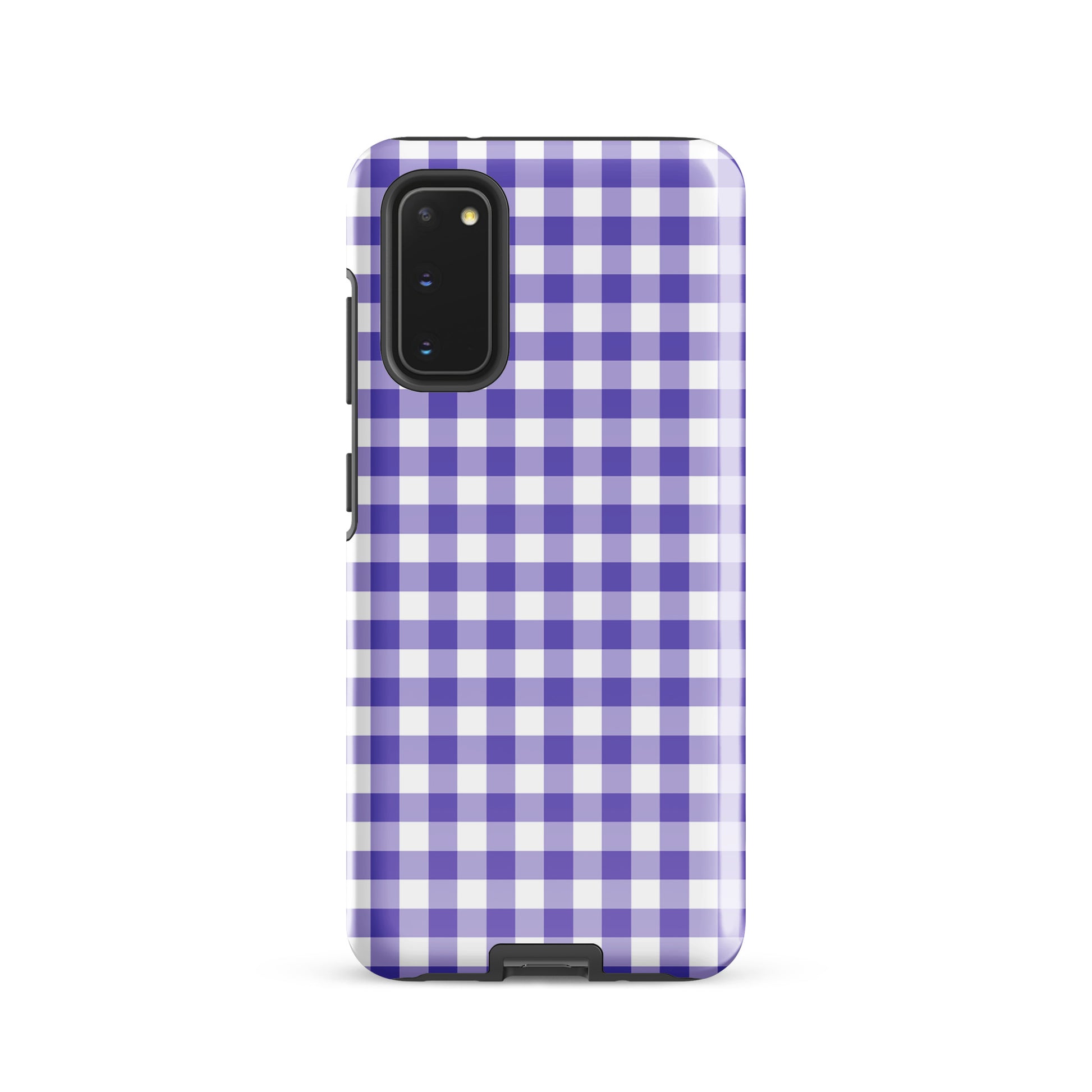Phone case with purple gingham pattern for Samsung Galaxy, offering style and protection.