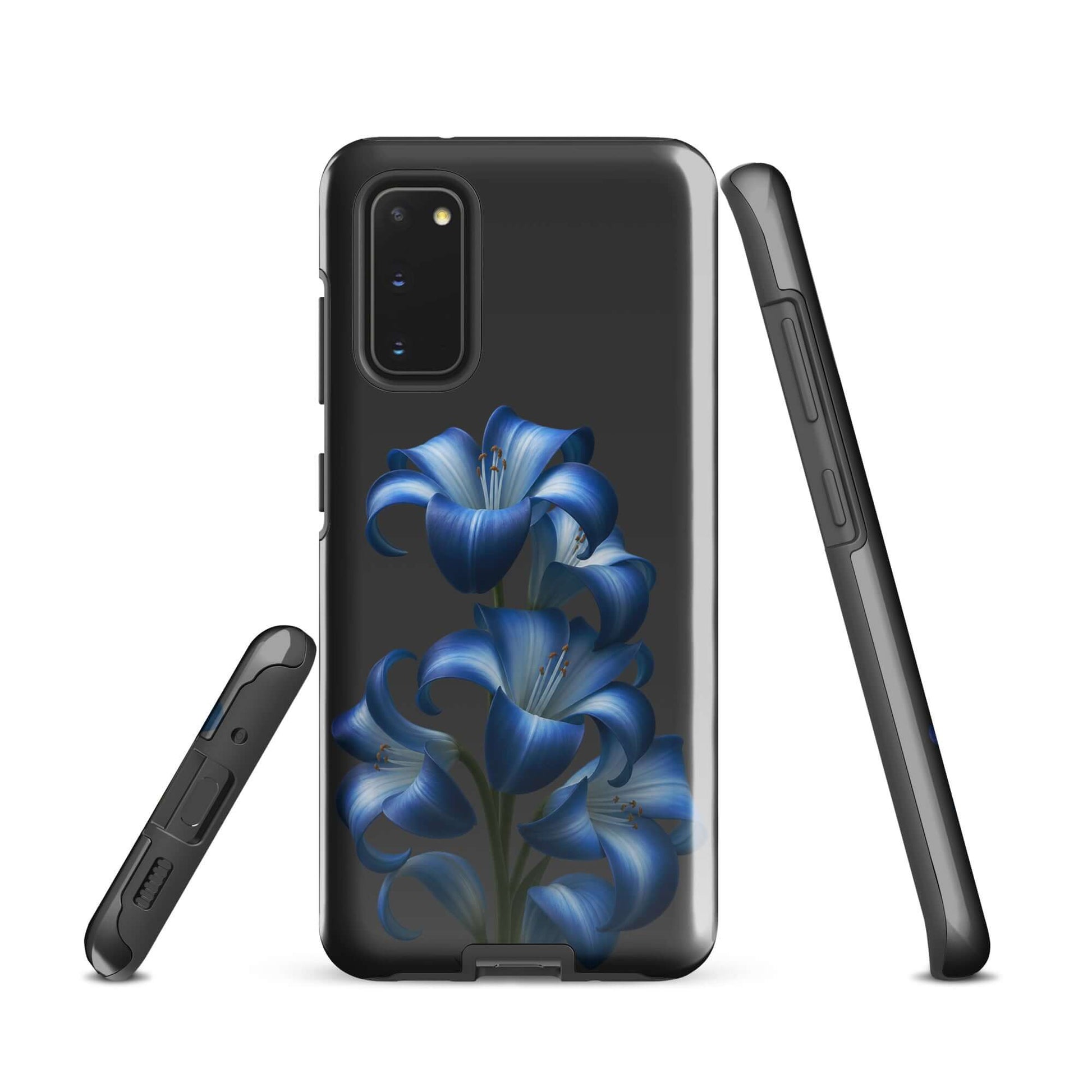 Phone Case for Samsung Galaxy with Blue Lily Bloom Art on sleek dark background, floral design enhances style and protection.