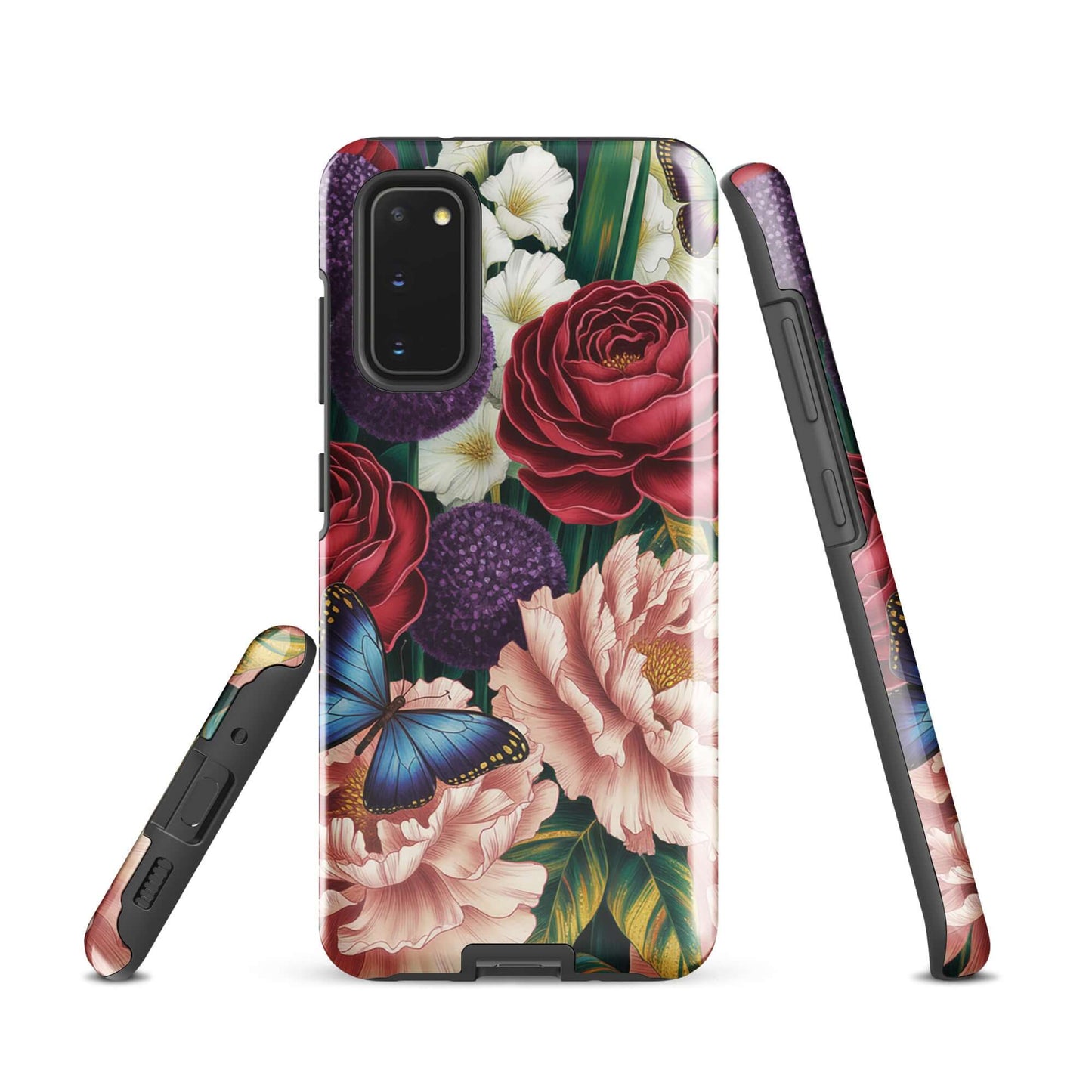 Phone Case for Samsung Galaxy featuring botanical garden design with crimson roses, pink peonies, and blue butterflies.