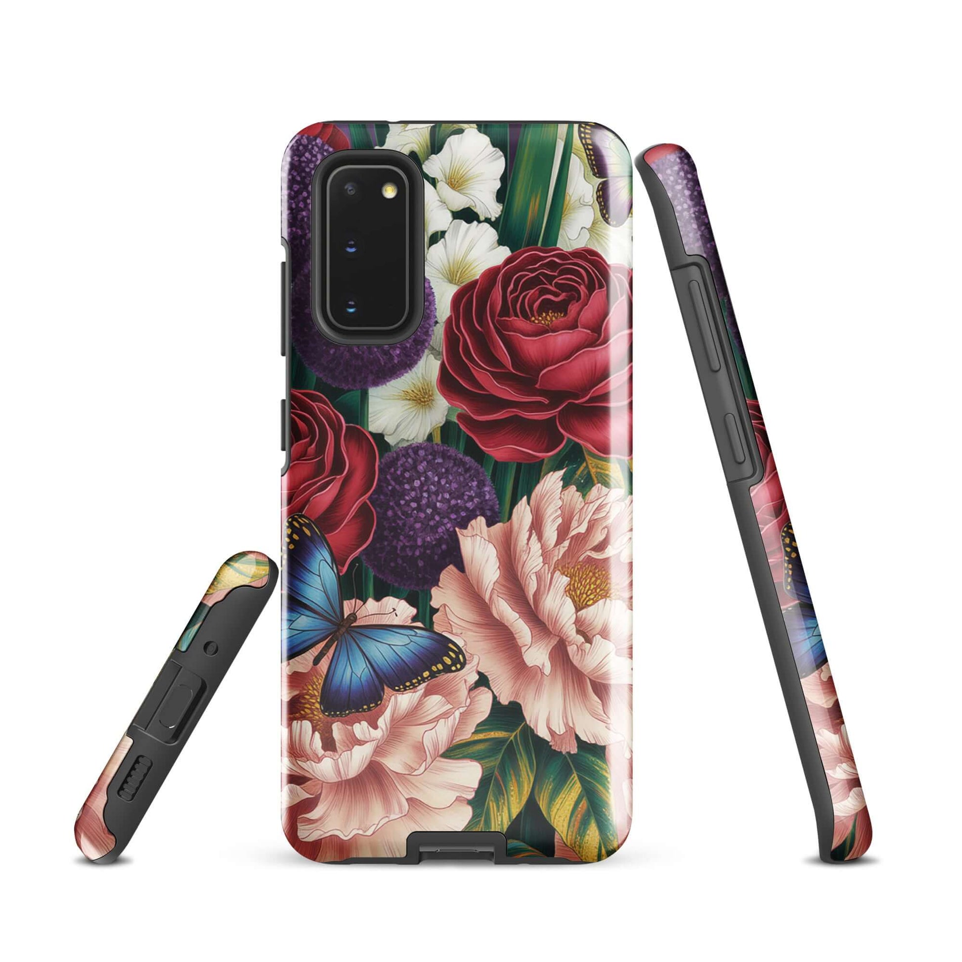 Phone Case for Samsung Galaxy featuring botanical garden design with crimson roses, pink peonies, and blue butterflies.