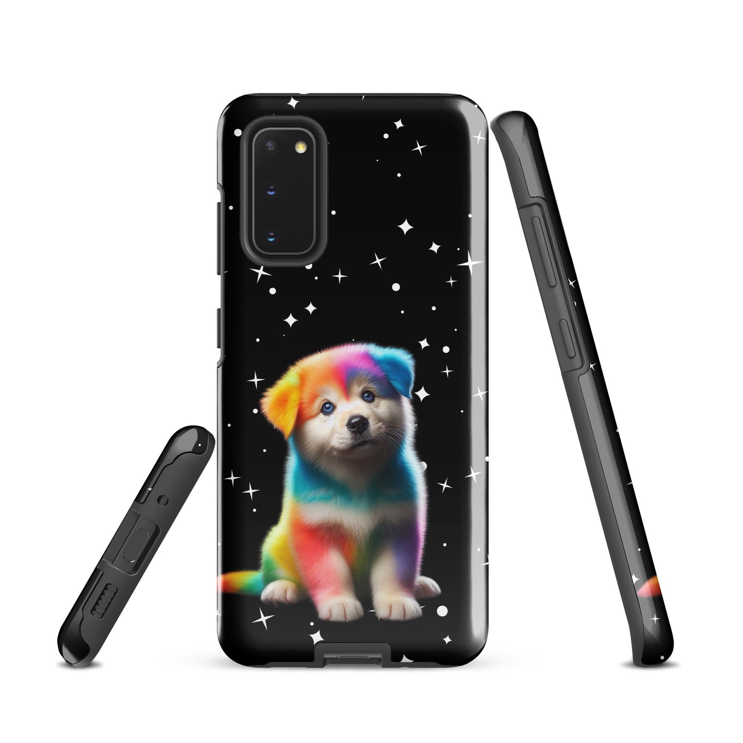 Phone Case for Samsung Galaxy featuring rainbow puppy and starry night design with cosmic sparkle on black background.