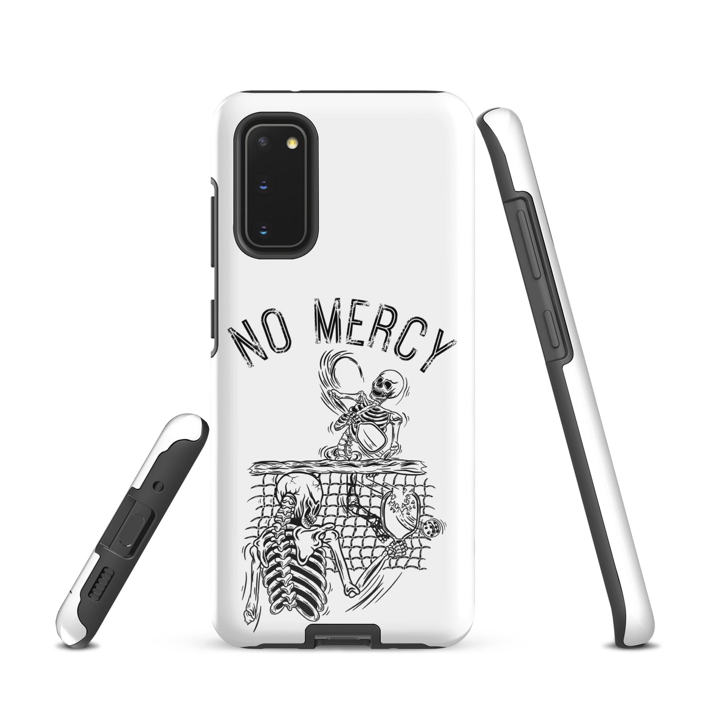 Pickleball Samsung Galaxy Case featuring 'No Mercy' design with skeletons, perfect for aggressive court players seeking strong phone protection.