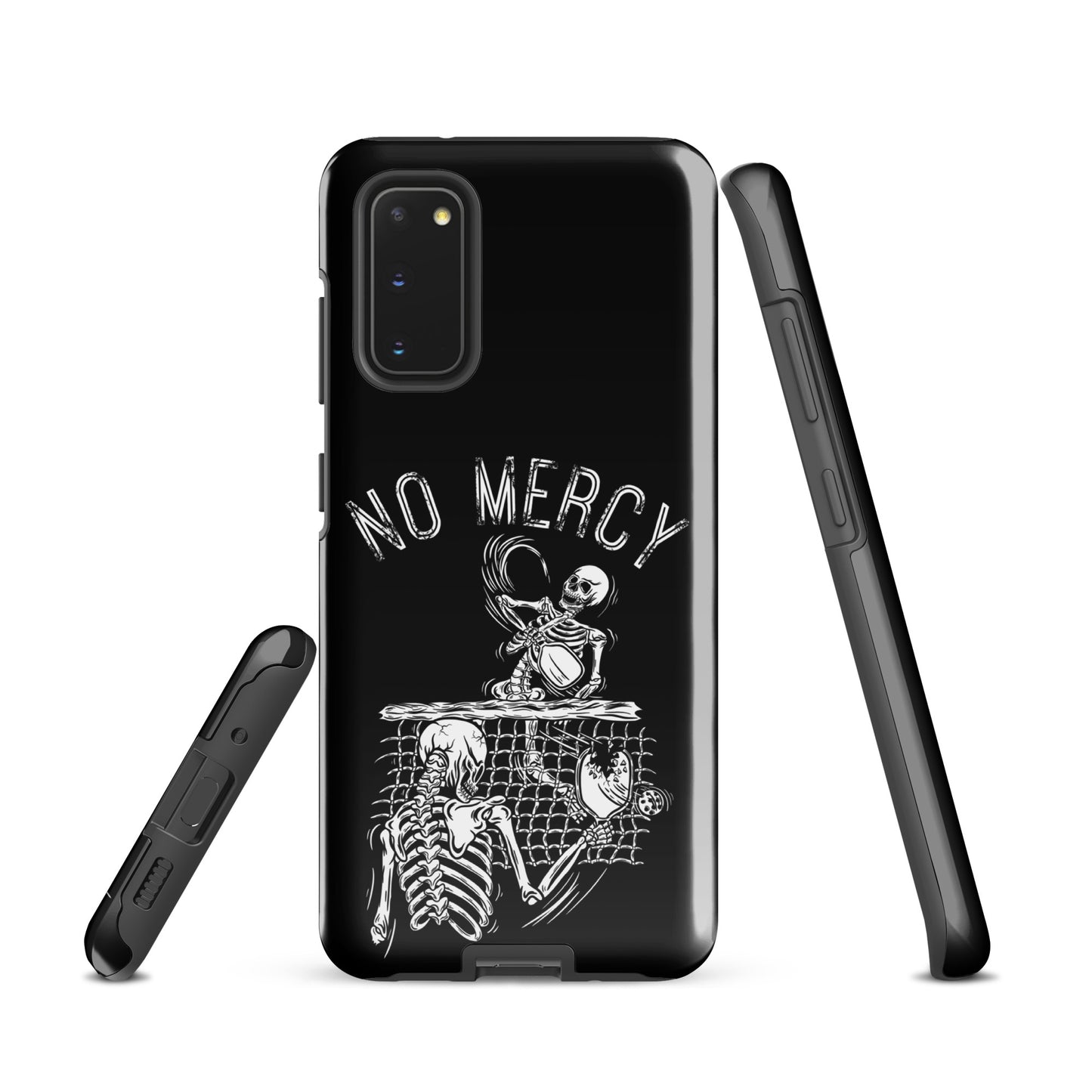 Pickleball Samsung Galaxy case with "No Mercy" skeleton design for aggressive players.