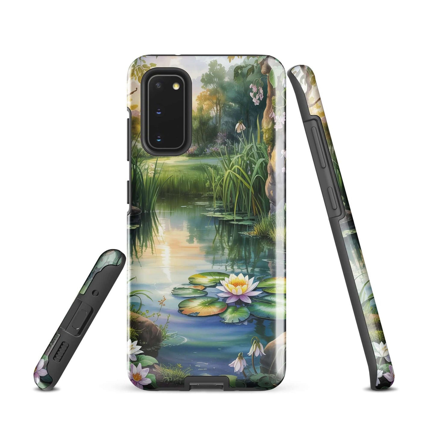 Phone Case for Samsung Galaxy with enchanted pond design, featuring tranquil lily pads and golden sunset reflections.