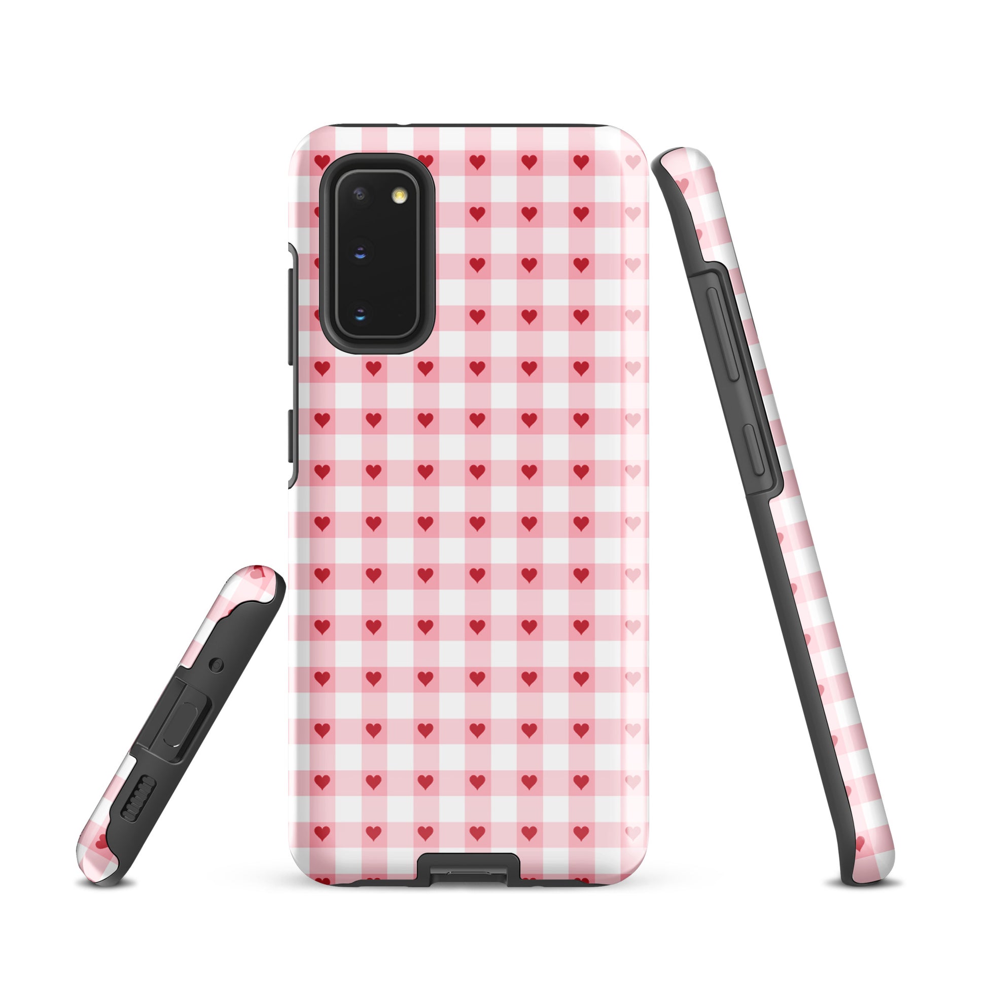 Phone Case with pink-and-white gingham and red hearts, Samsung Galaxy accessory, chic design and durable style.