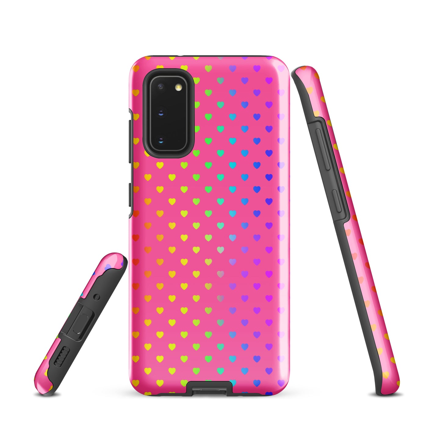 Phone case for Samsung Galaxy with cute rainbow hearts design, pink background, dual-layer protection, cheerful vibe, device accessory