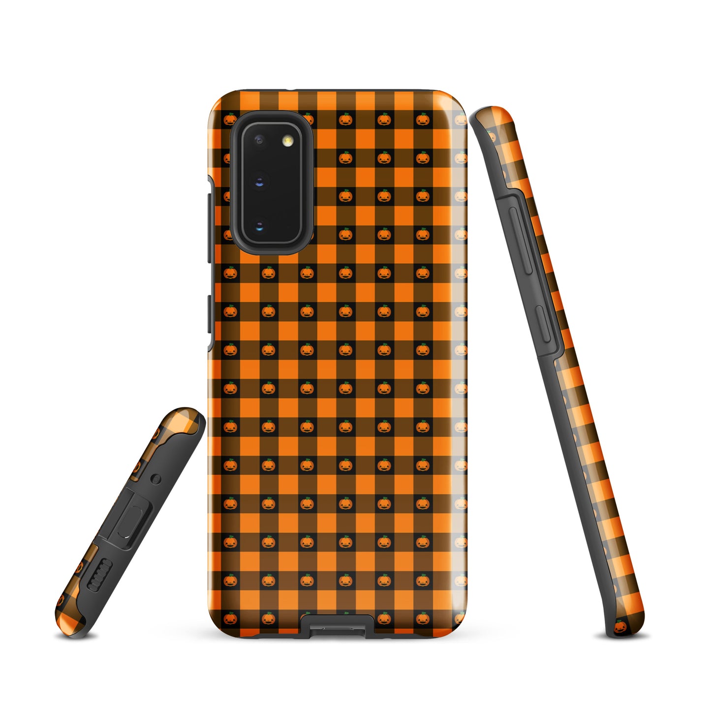 Phone Case for Samsung Galaxy with playful pumpkin gingham Halloween design, featuring jack-o’-lantern faces on a bold orange and black pattern.