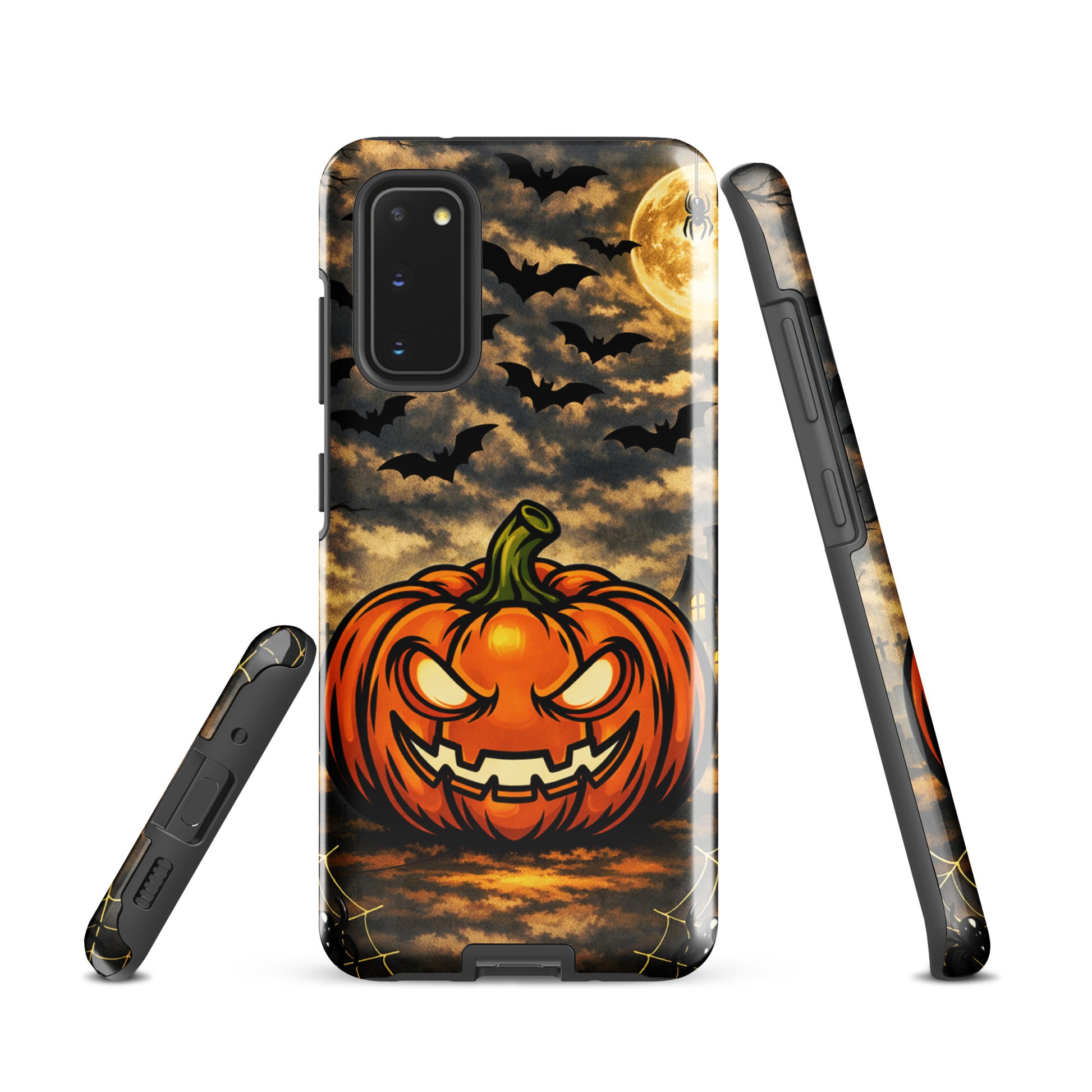 Phone Case for Samsung Galaxy featuring haunted pumpkin, moonlit Halloween scene, jack-o’-lantern with bats and clouds, haunted house design.