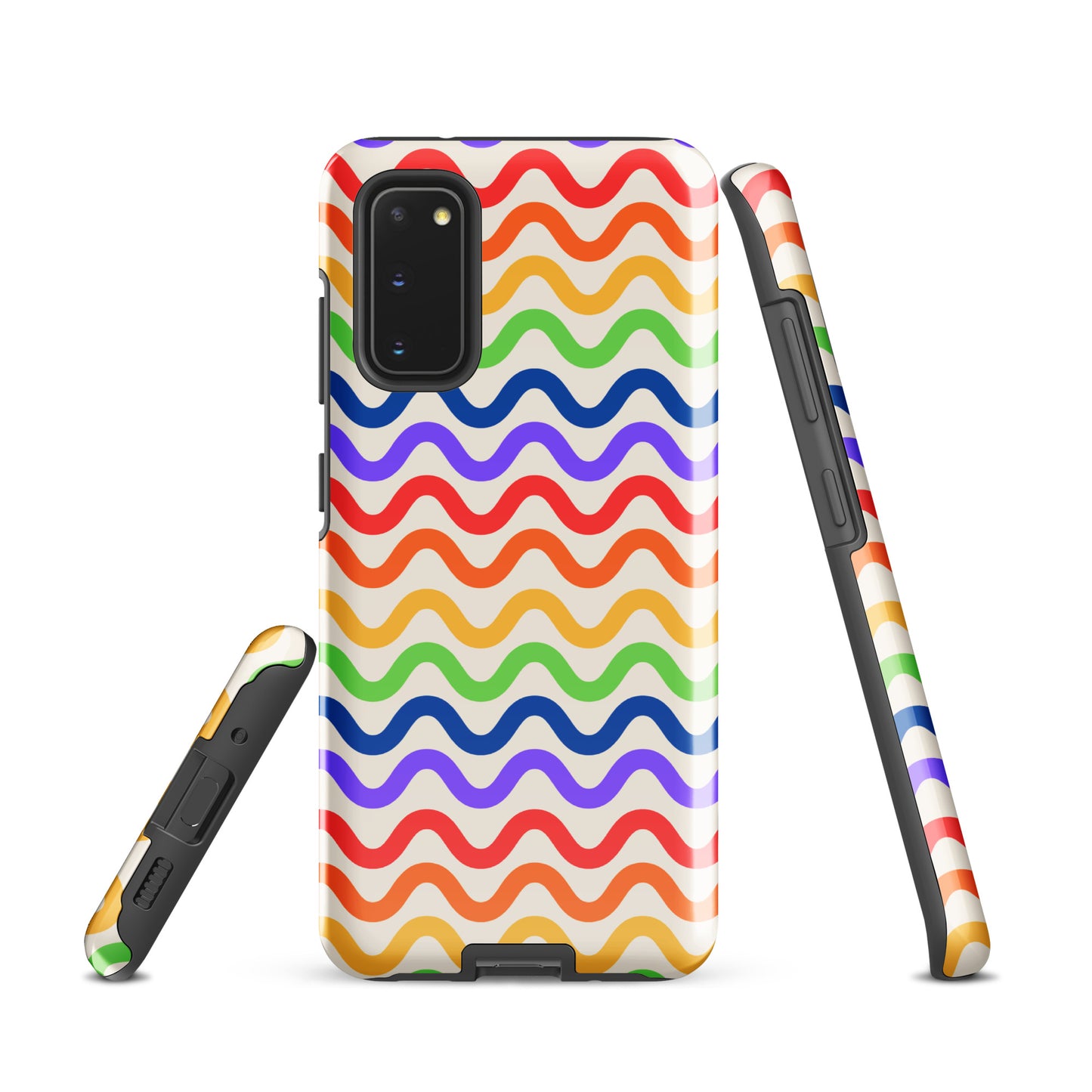Phone Case for Samsung Galaxy with wavy rainbow pattern offering style and protection featuring vibrant red, orange, yellow, green, blue, purple.