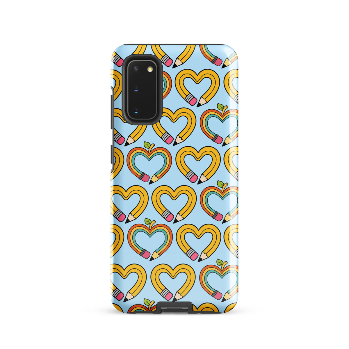 Phone Case for Samsung Galaxy with playful pencil-heart pattern and green leaves, symbolizing creativity and growth, back-to-school charm.