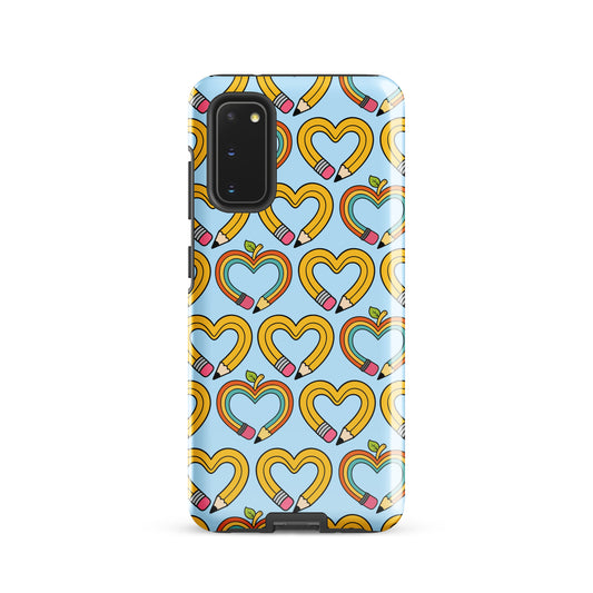 Phone Case for Samsung Galaxy with playful pencil-heart pattern and green leaves, symbolizing creativity and growth, back-to-school charm.