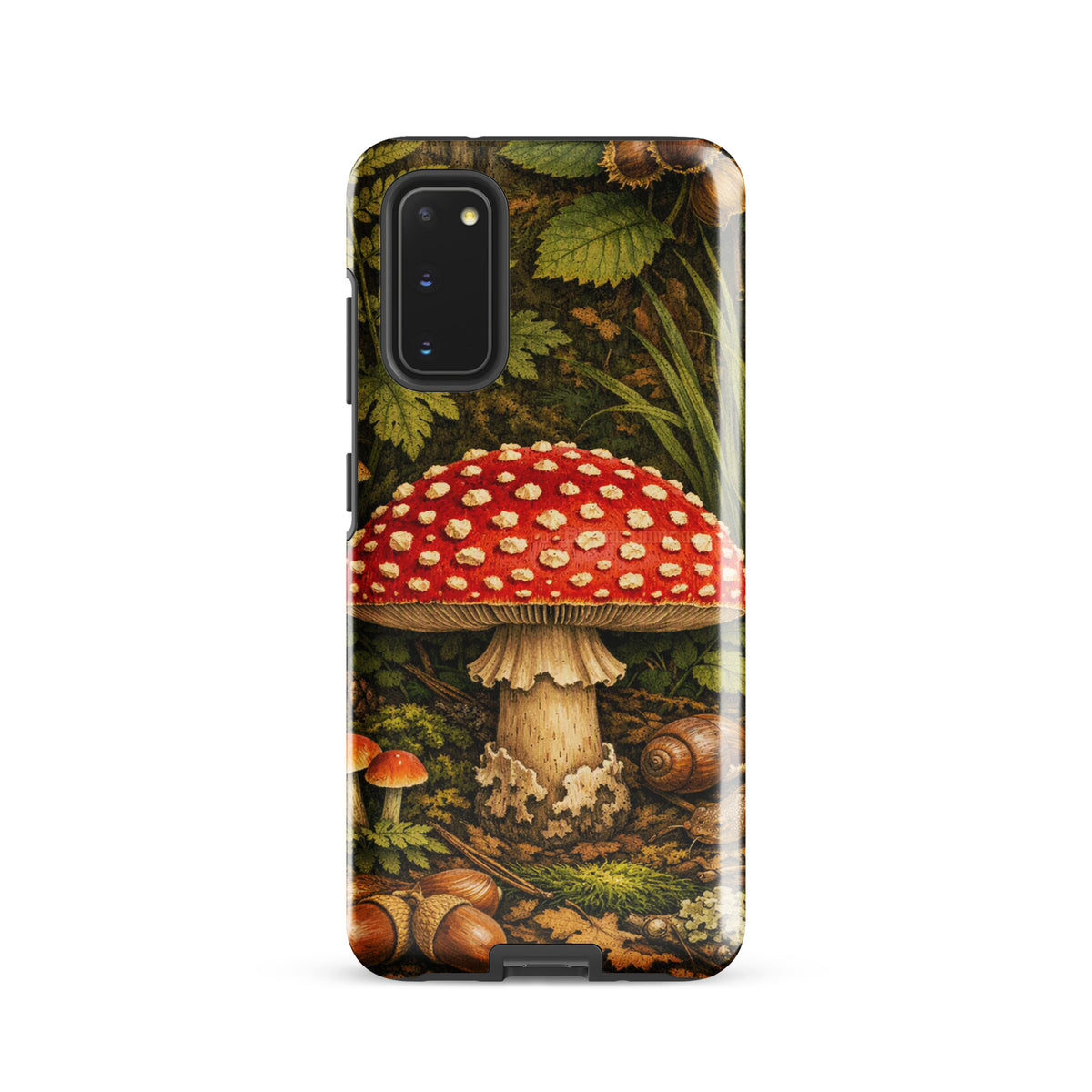 Phone Case with vivid Amanita muscaria mushroom design for Samsung Galaxy, featuring a detailed scarlet mushroom illustration.