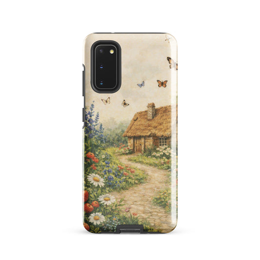 Phone Case for Samsung Galaxy with cottage garden design, featuring a thatched-roof stone cottage and vibrant flowers.