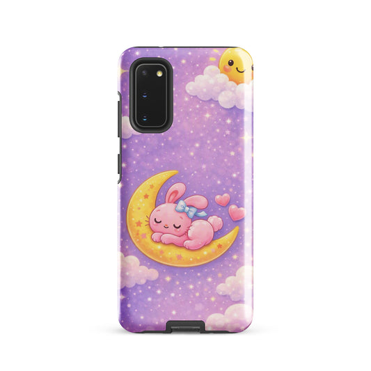 Phone Case for Samsung Galaxy - Cute, Cozy, Dreamy Bunny Moon Design with pink bunny on crescent moon and starry background.