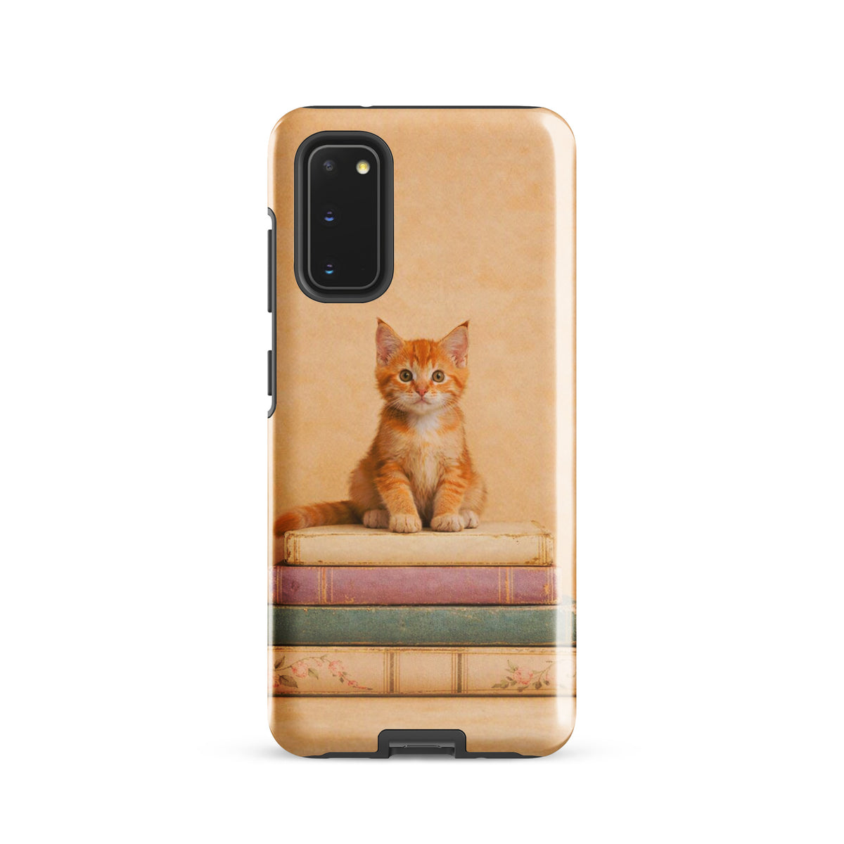 Phone Case for Samsung Galaxy featuring orange kitten on vintage books, cozy nostalgic design for cat lovers and book enthusiasts.