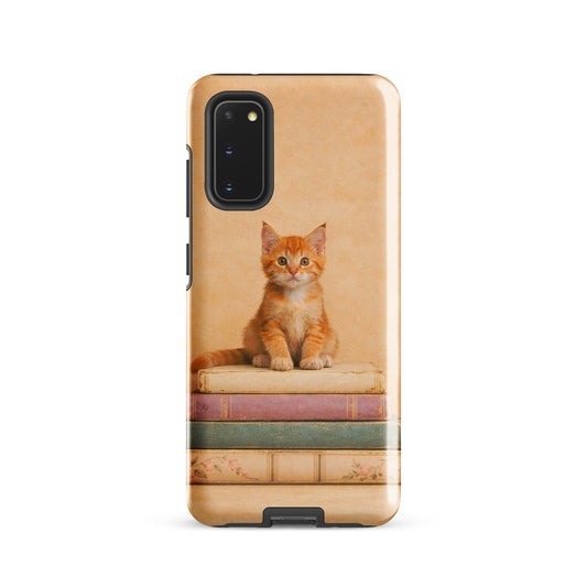 Phone Case for Samsung Galaxy featuring orange kitten on vintage books, cozy nostalgic design for cat lovers and book enthusiasts.