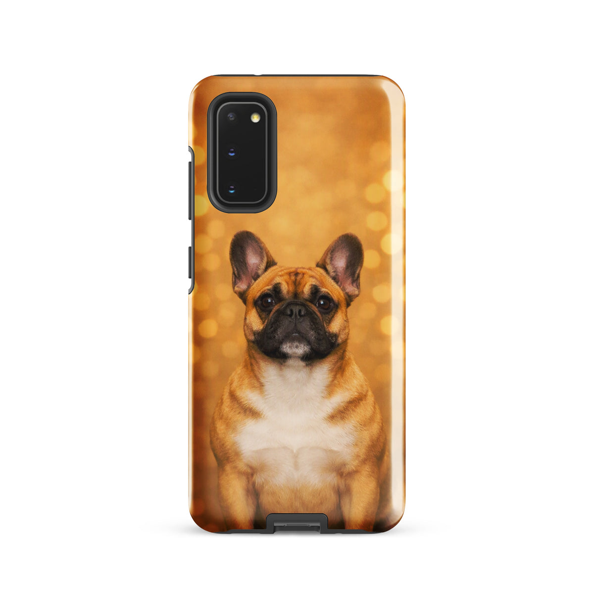 Phone Case for Samsung Galaxy featuring a French Bulldog portrait against a golden bokeh background, perfect for dog lovers.