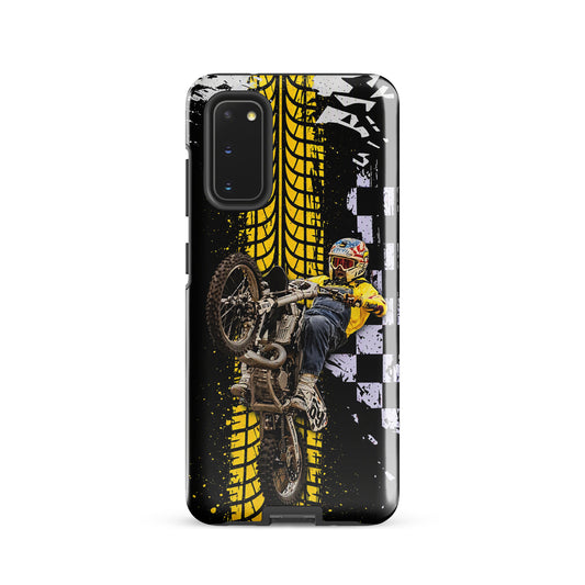 Phone Case for Samsung Galaxy with Ronnie Mac air-wheelie design in black, white, yellow featuring motocross elements and checkerboard.