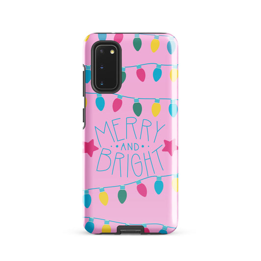 Phone Case for Samsung Galaxy with holiday lights and 'Merry and Bright' message on pink background