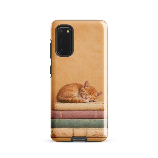 Phone Case for Samsung Galaxy featuring a sleeping kitten on vintage books, showcasing a cozy and charming design with warm colors.