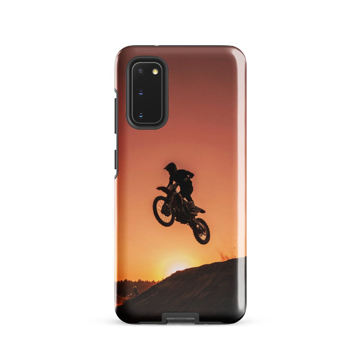 Phone Case for Samsung Galaxy with motocross sunset dirt bike design, featuring a dramatic silhouette against a glowing copper sunset.
