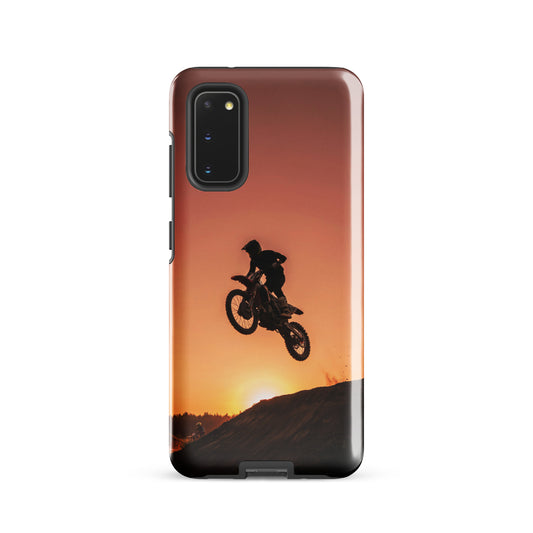 Phone Case for Samsung Galaxy with motocross sunset dirt bike design, featuring a dramatic silhouette against a glowing copper sunset.