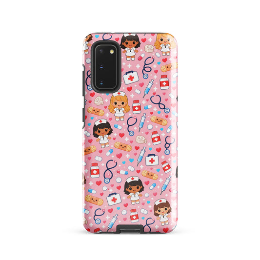 Phone Case for Samsung Galaxy with kawaii nurse pattern including medical icons on pink background