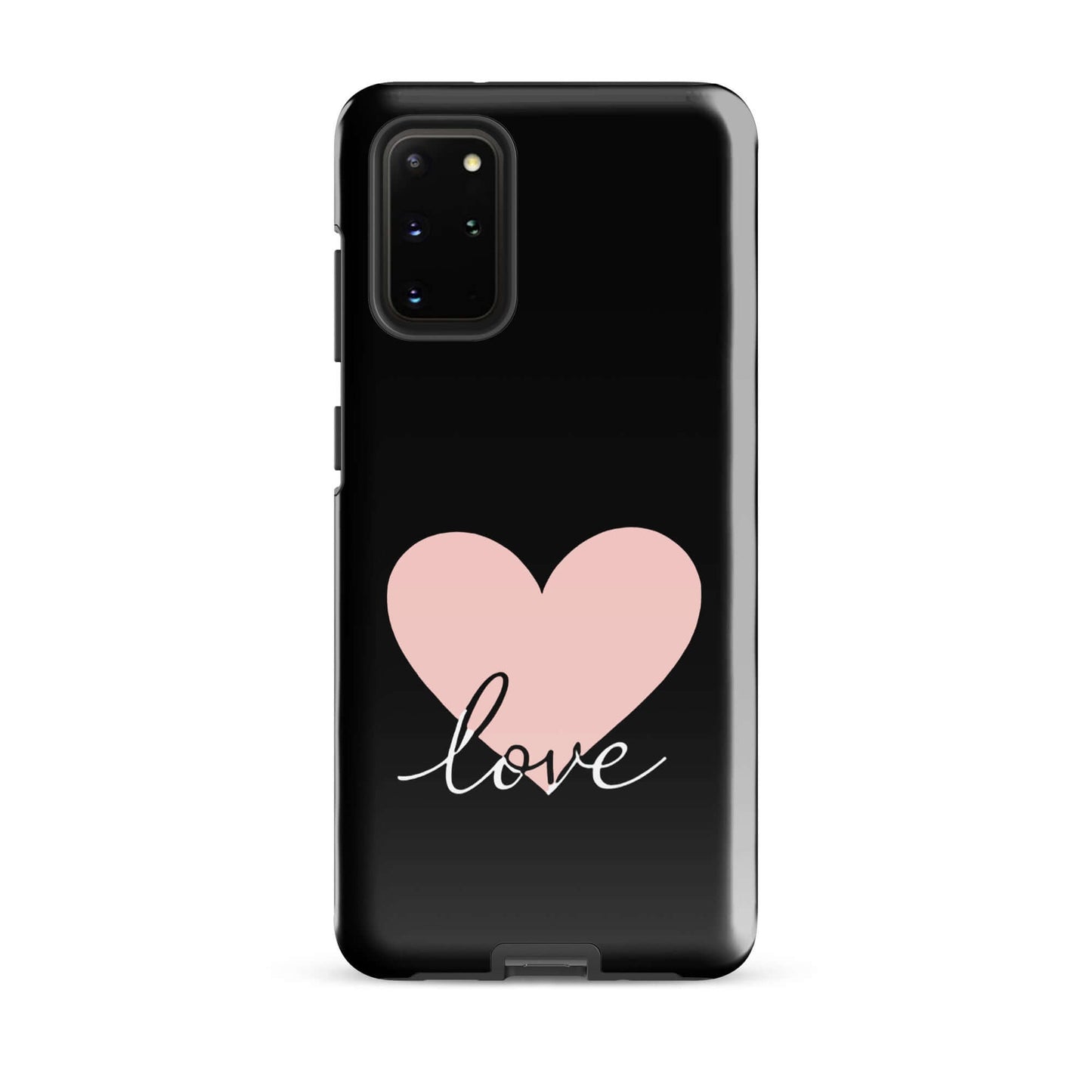Phone Case Samsung Galaxy with heart and script love design on black background.
