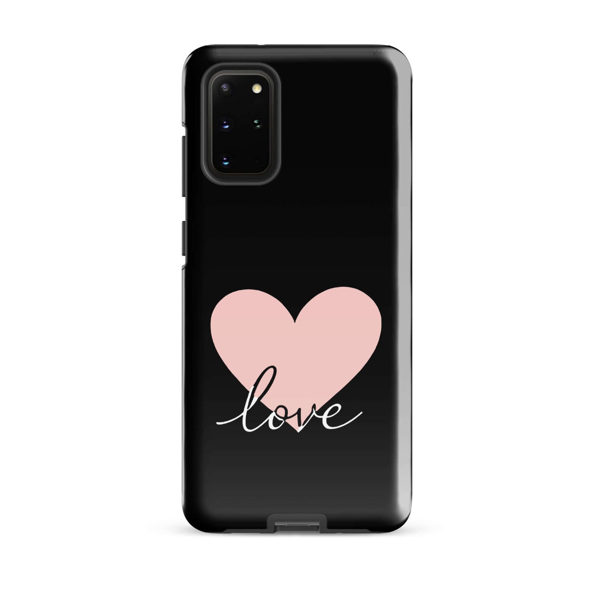 Phone Case Samsung Galaxy with heart and script love design on black background.